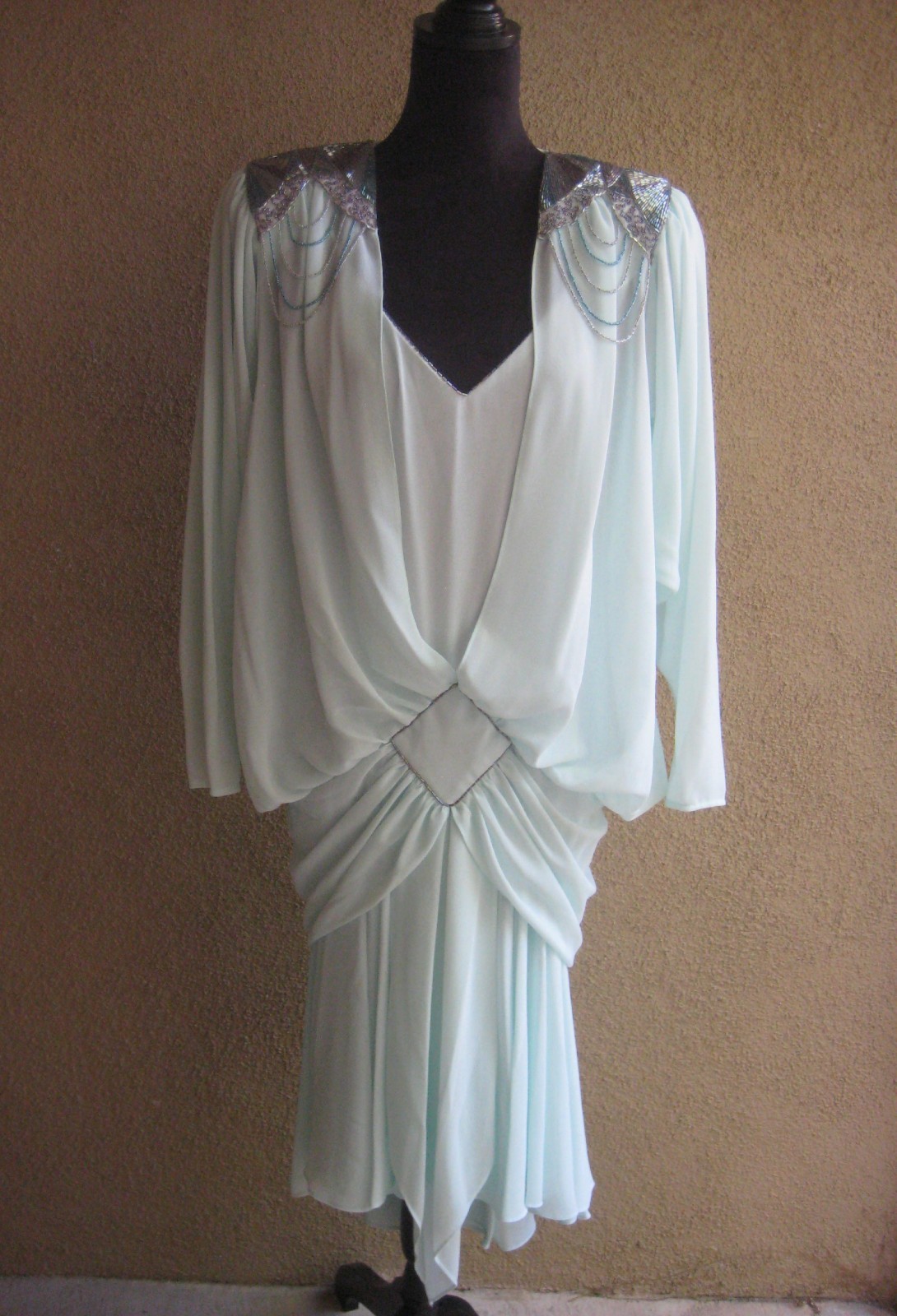 Vintage 1982 Casadei Eletra chiffon dropwaist bead padded shoulder party dress