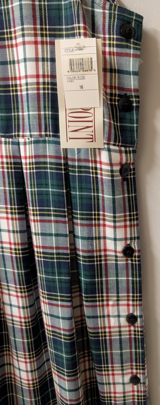 Hunts Point Ivory Green Red Tartan Plaid Vtg Deadstock Jumper Side Buttons 16