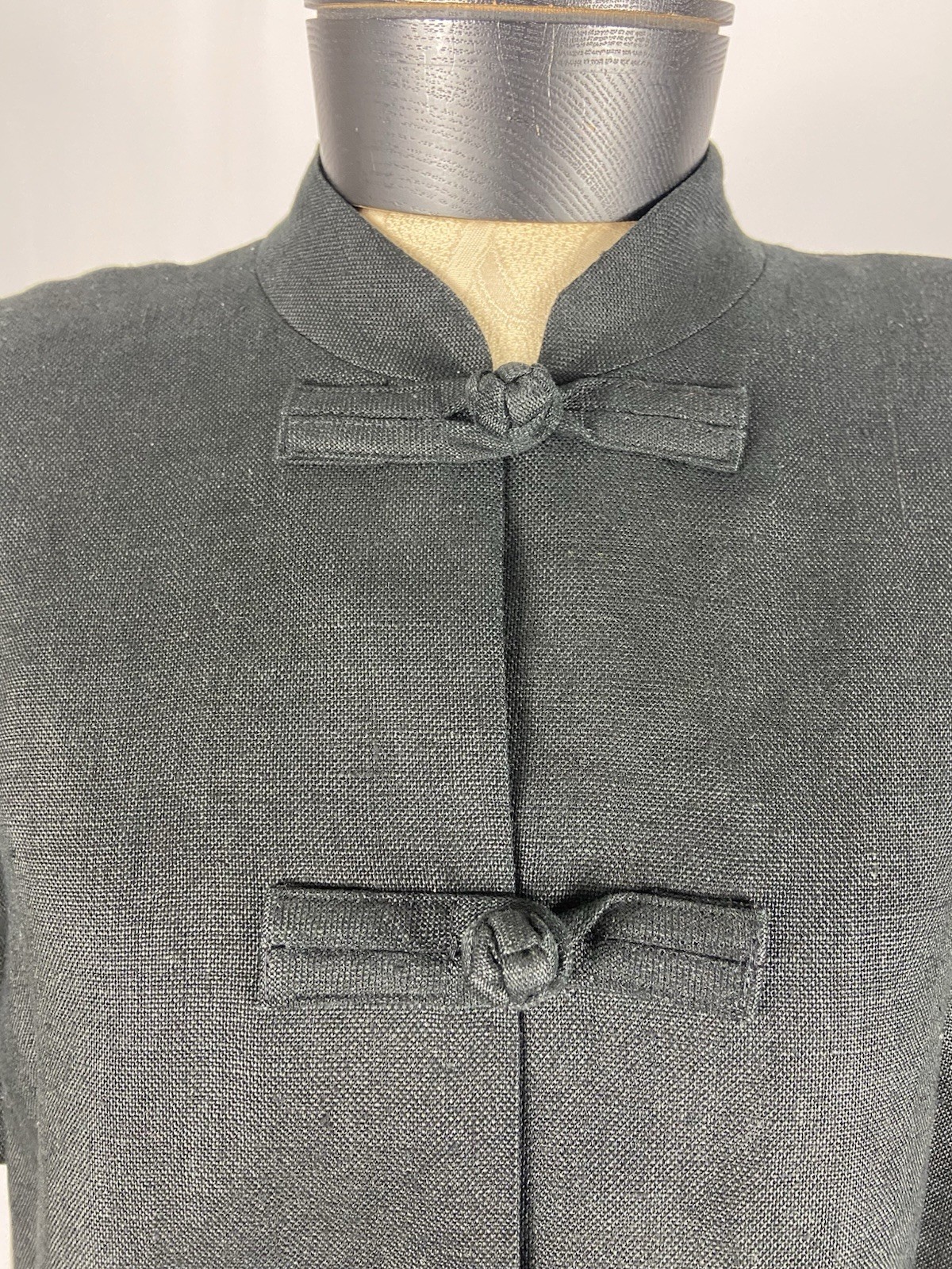 WILLIAM PEARSON Vintage Size 10 Black Linen Mandarin Collar Shirt Dress