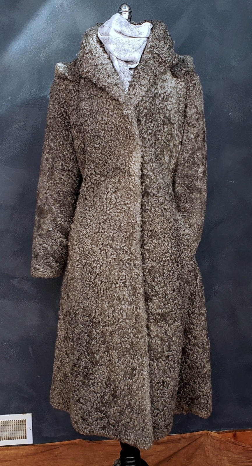 Vintage 50s Gray Greige Curly Viking Lamb Hooded Coat L EUC RARE
