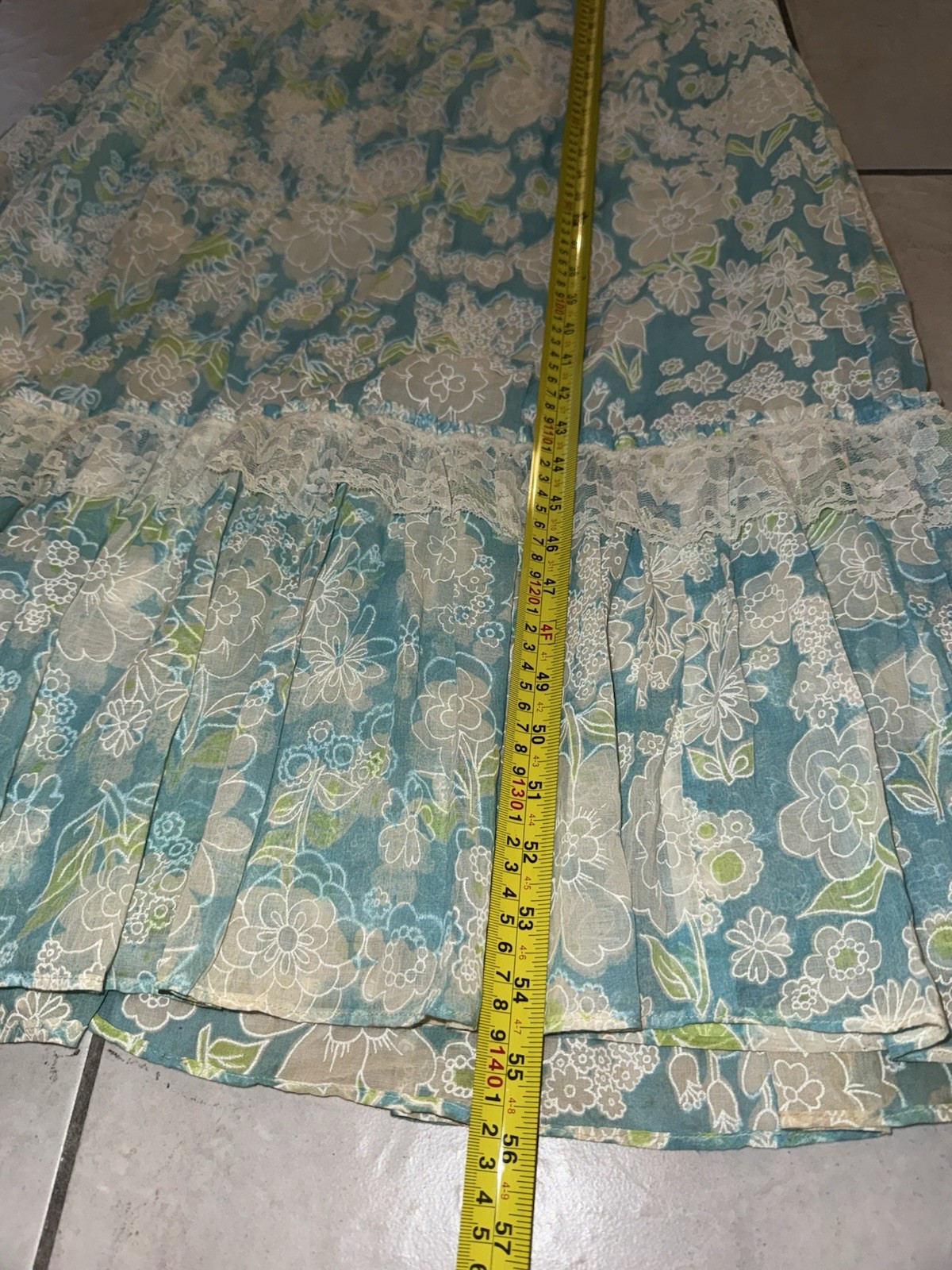 Vtg 1970s Maxi Prairie Dress Blue Floral Lace Victorian Cottage-core 60s Size XS