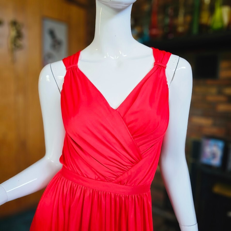 Vintage 70s Disco Cut Out Backless Red Draped Jersey Maxi Bra Dress Gown XS/S