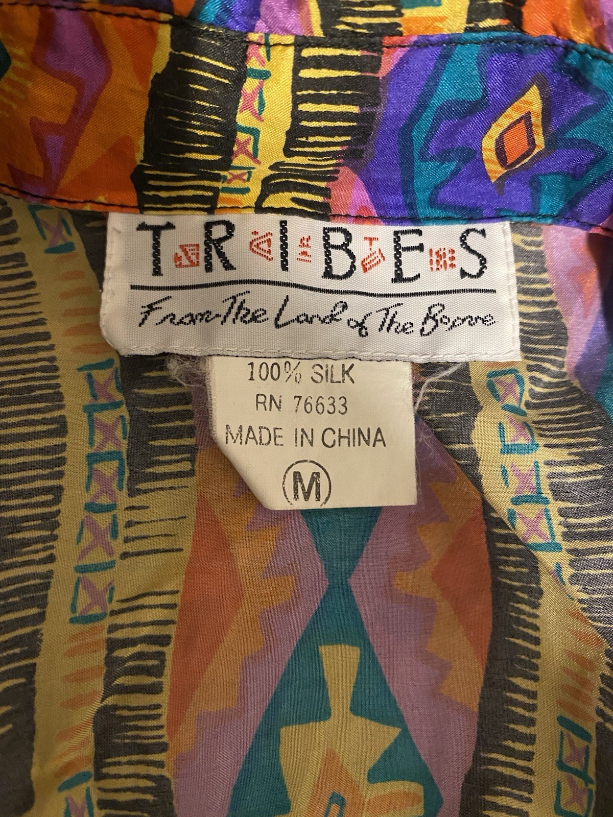 Vtg 90s Womens Medium Silk Short Sleeve Top “Tribes From The Land Of The Brave”