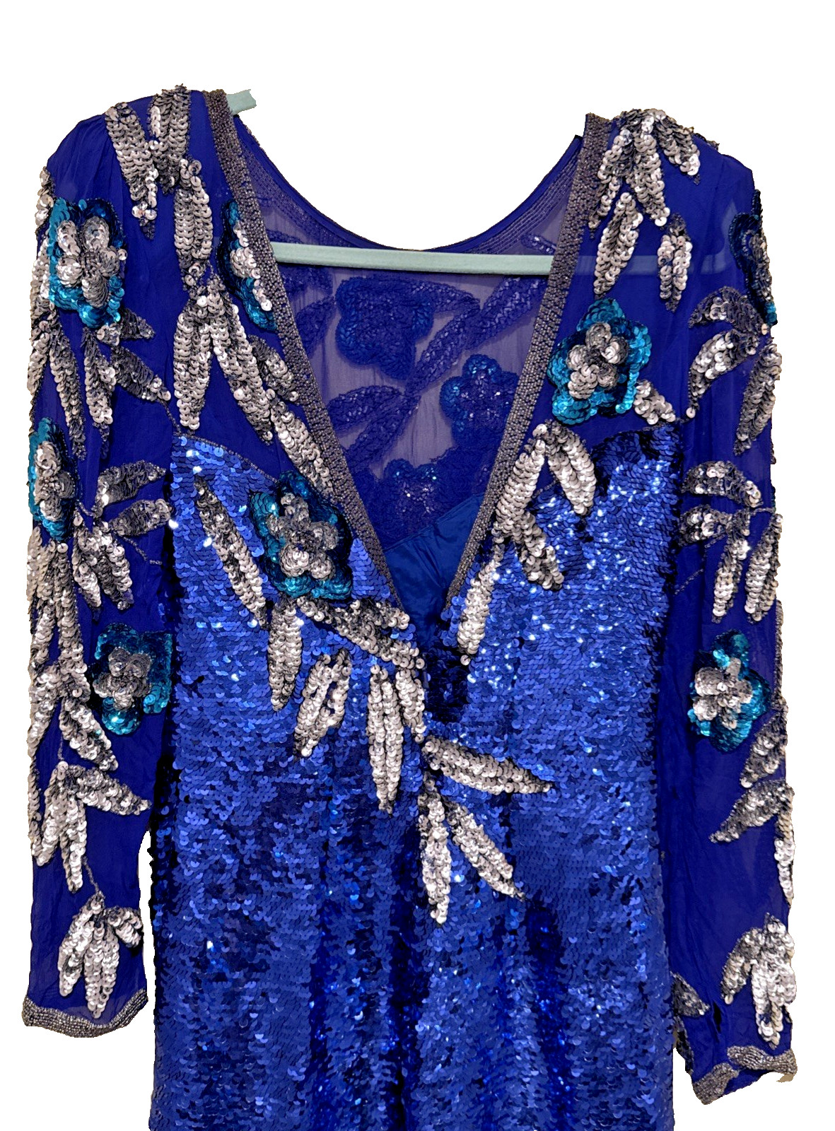 Vintage Cobalt Blue Silk Silver Sequined Evening Gown By Nite Line Size 8