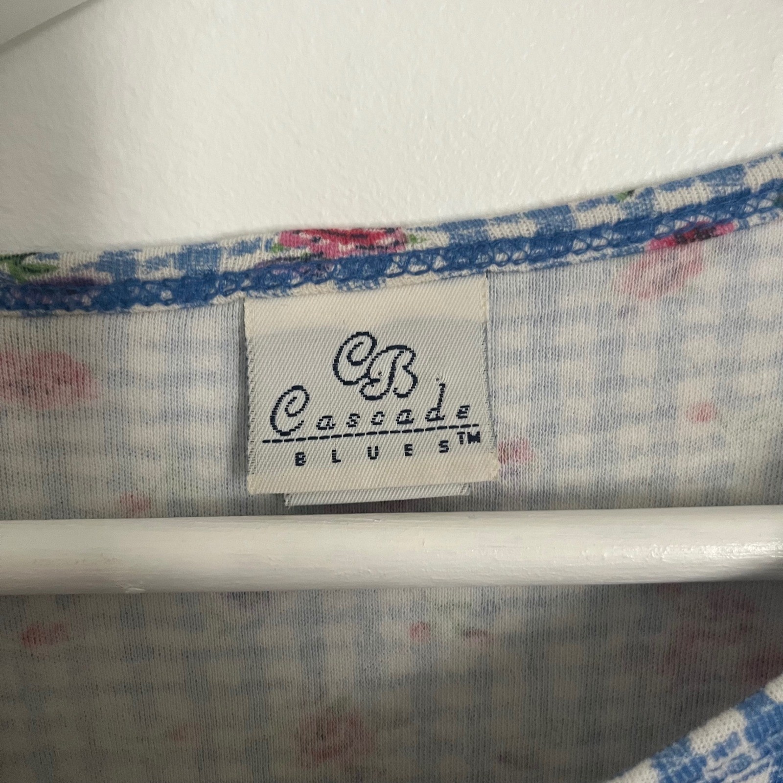 Vintage Cascade Blues Blue White Pink Floral Gingham 100% Cotton Shirt L