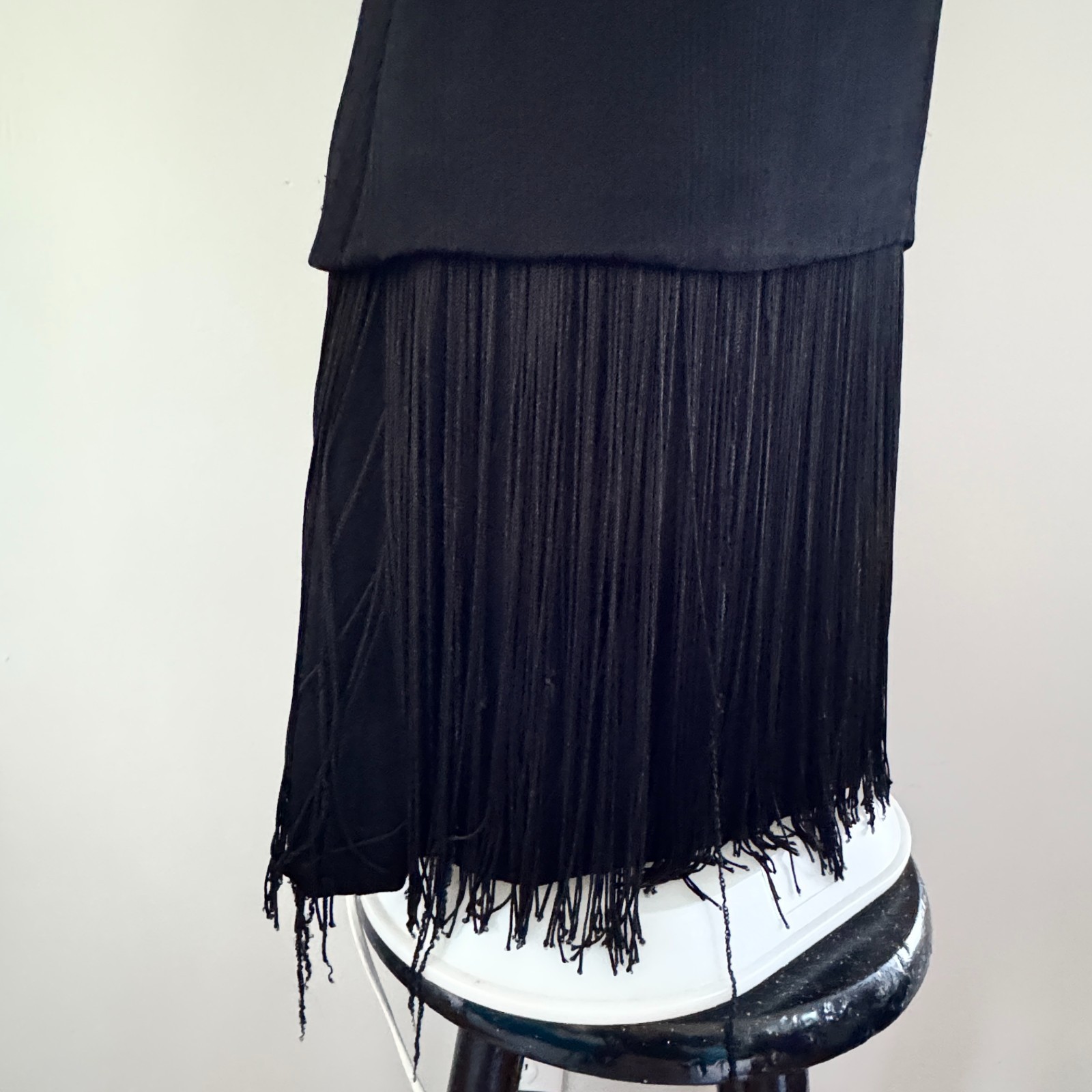 vtg 60s MISS THEME NY Black Go-Go Dancer FRINGE Mini Shift Dress Costume Mod LBD