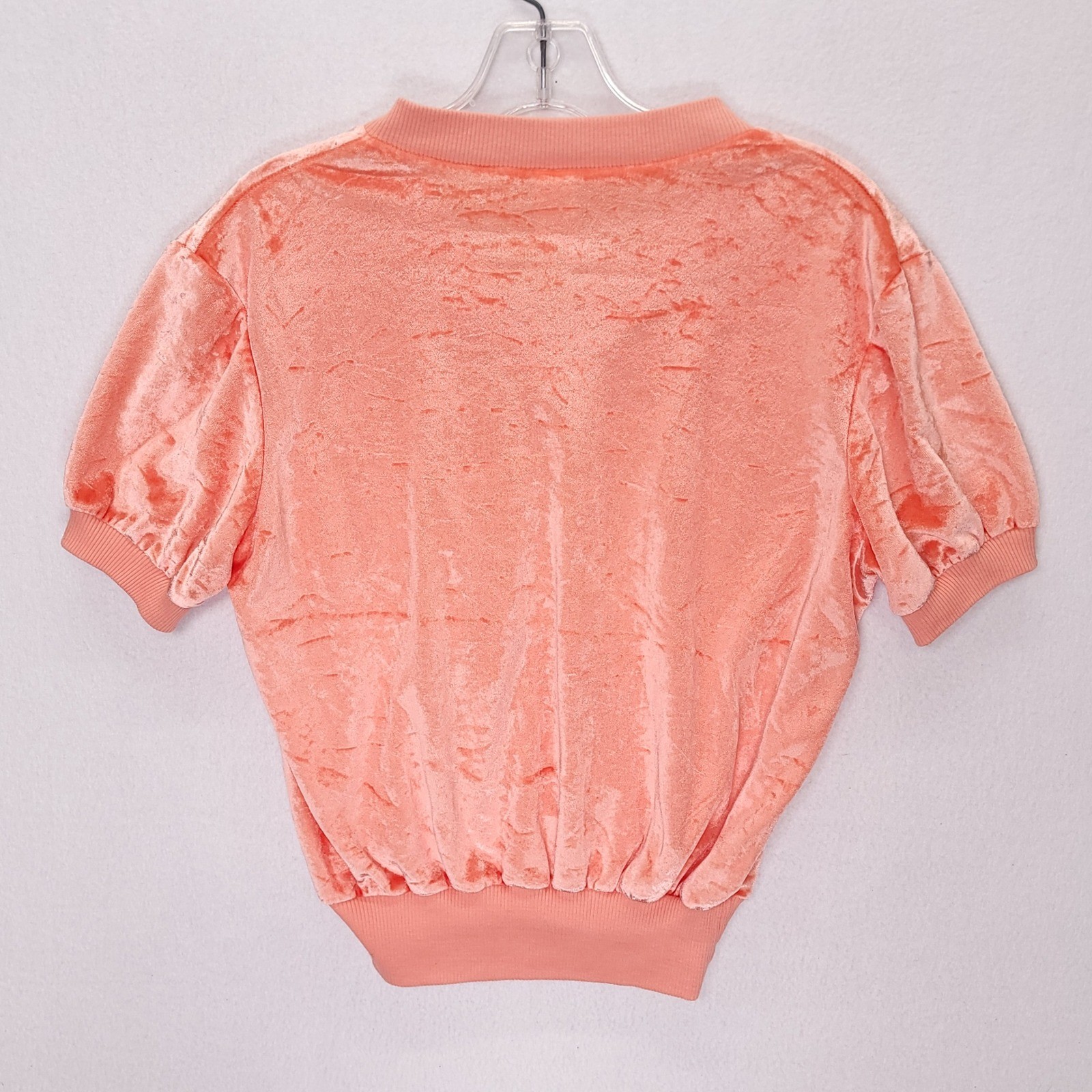 Vintage Peach Coral Crushed Velvet V-Neck Short Sleeve Top Large