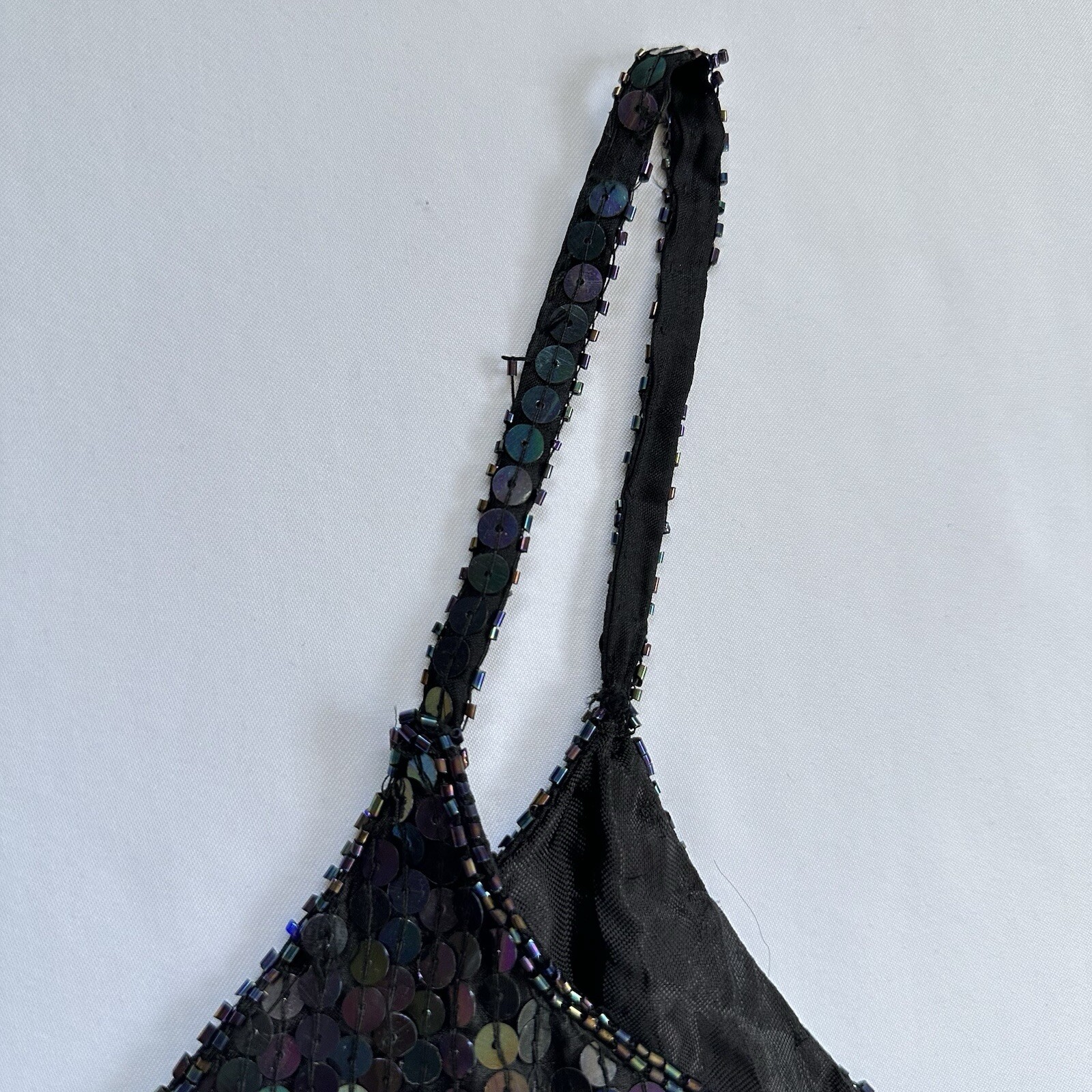 VTG 100% Silk Sequins Beaded Spaghetti Black Strap Top Spell Bound Size Medium