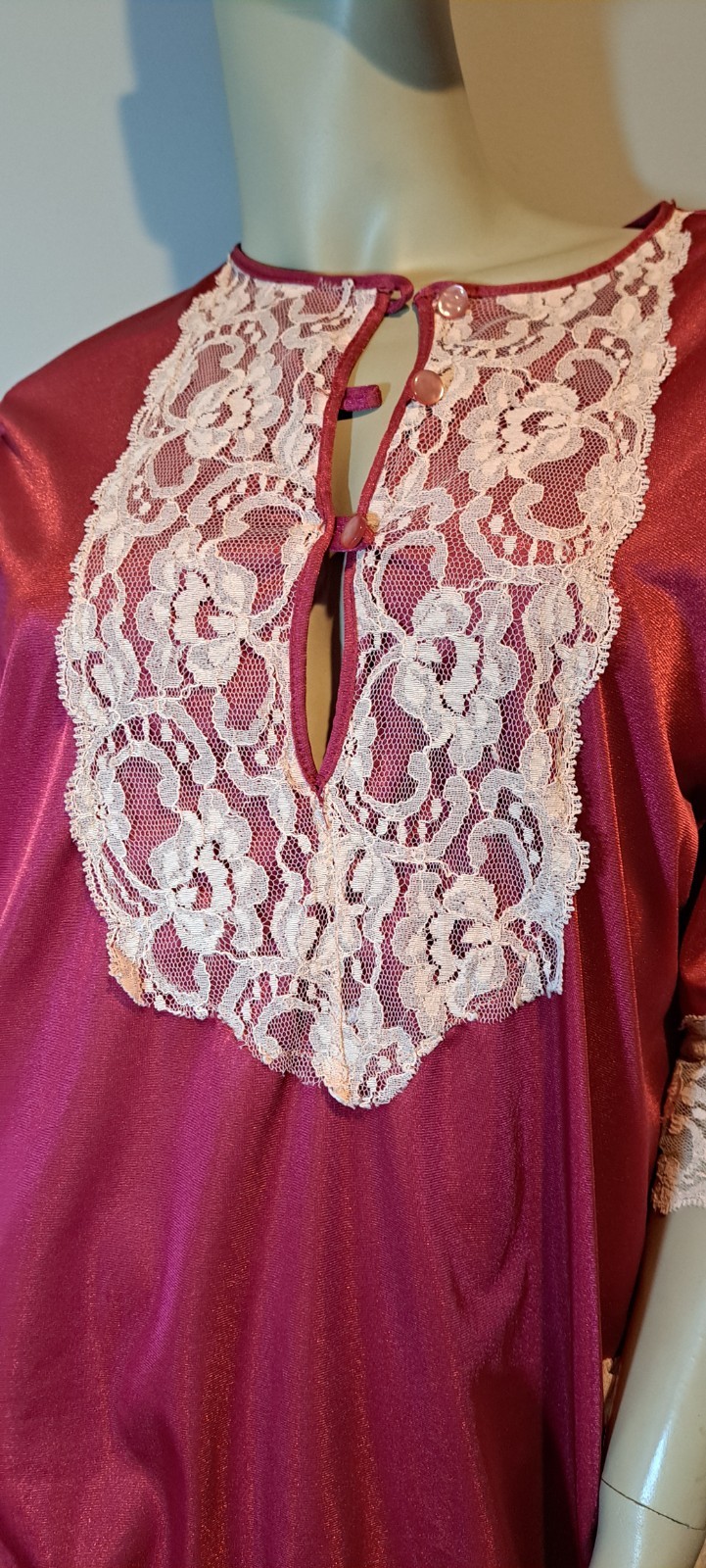 Maroon Wine Red Vtg Hostess Lounge Tunic Pajamas L Xl Beautiful Beige Lace Must
