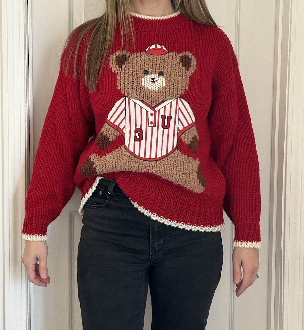 Vintage Hand Knit Sweater Teddy Bear Graphic Chunky Red Grandma Medium