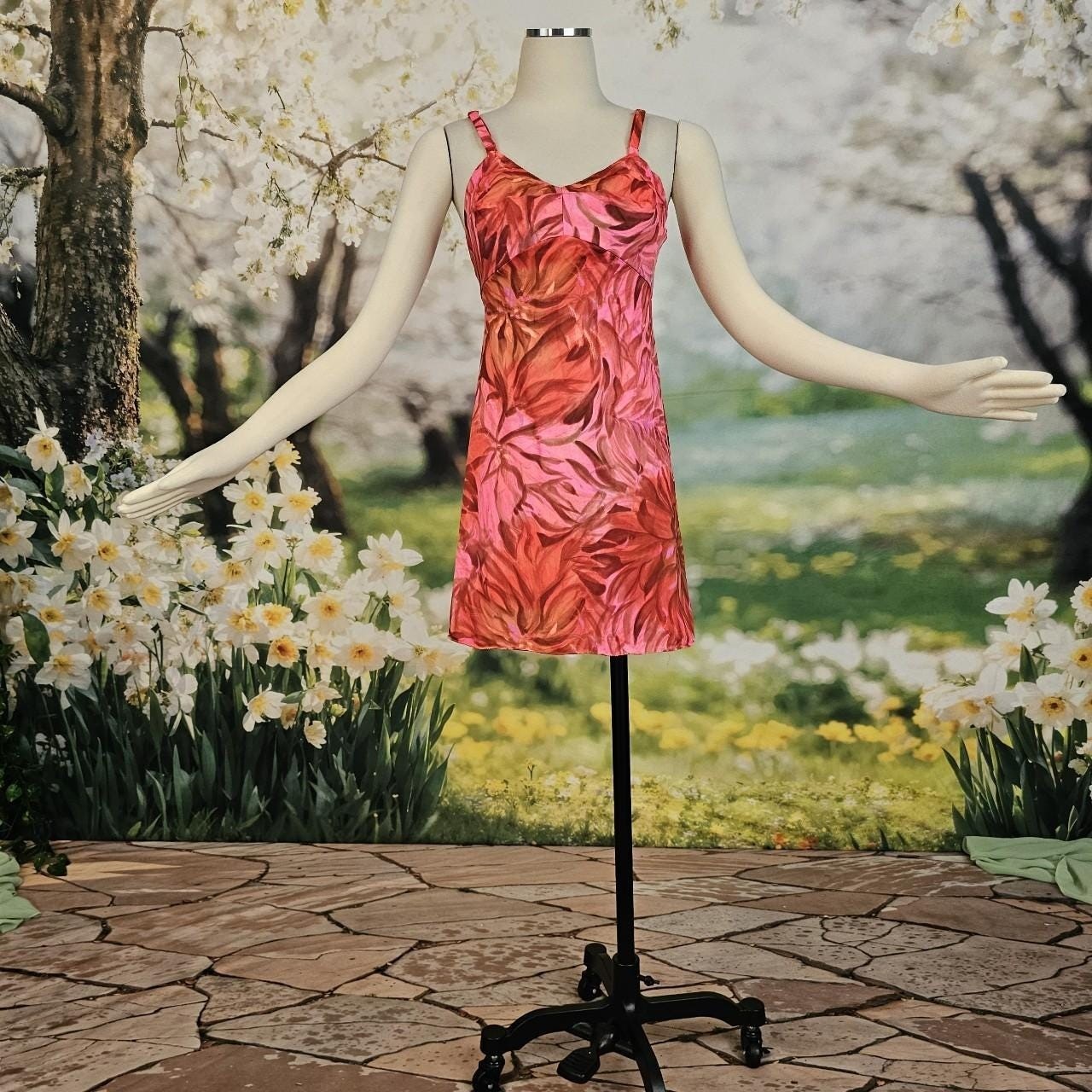 Vintage Rare 1970s Mini Slip Dress Bright Pink Floral Print Gaymode Party Dress