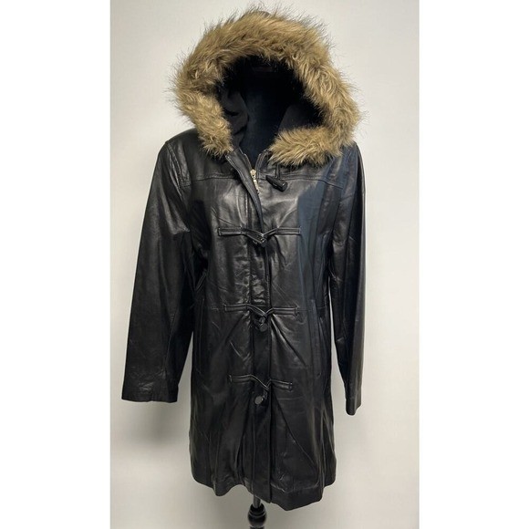 Vintage Soft Lambskin Leather Womens Coat Toggle Faux Fur Trim XL Grunge Goth
