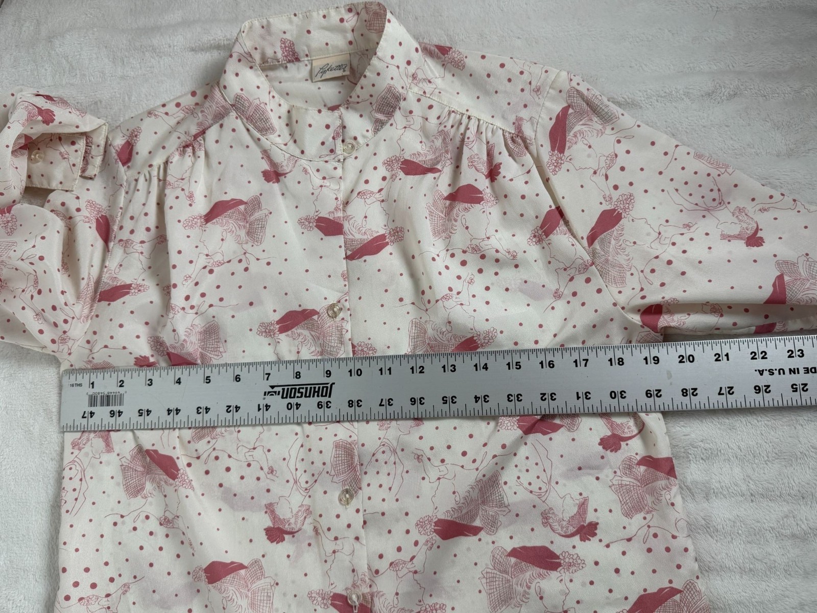 Vintage Pykettes Cream Pink Novelty Bird Polka Dot Print Blouse Button Up Boho