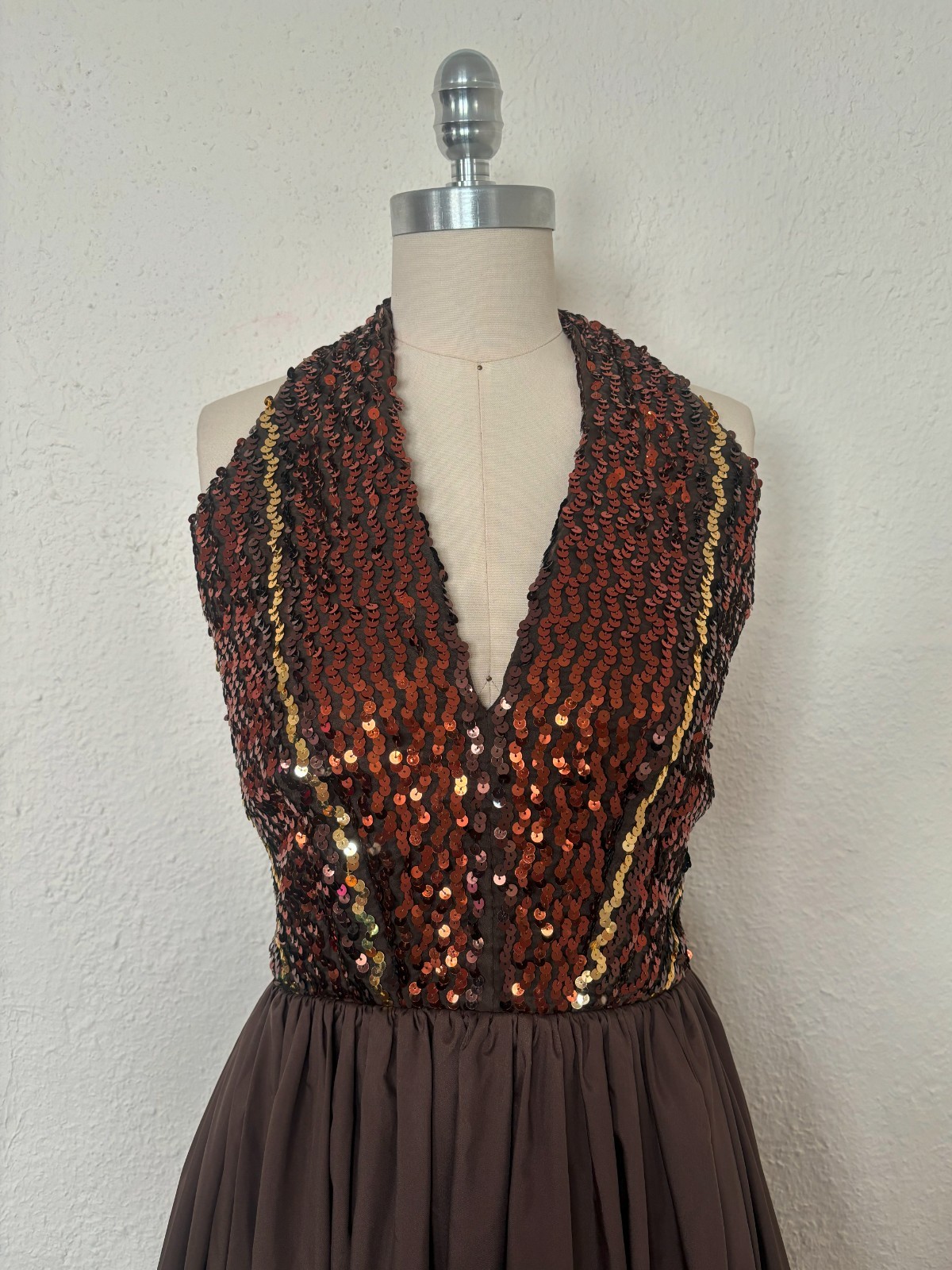 1970s Brown Sequin Halter Bubble Hem Dress by Lillie Rubin, Extra Small to Small
