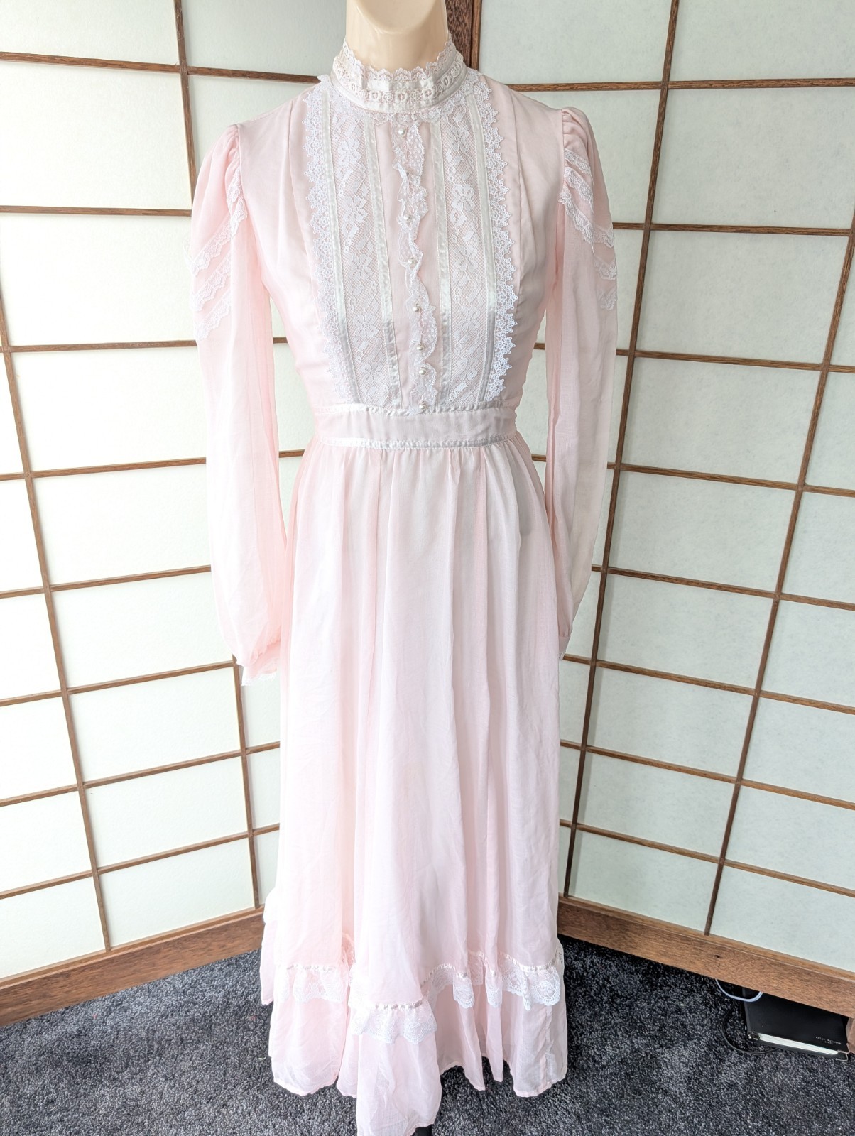 Gunne Sax by Jessica 1970s Maxi Dress Wedding Prairie Blush Pink RARE XS