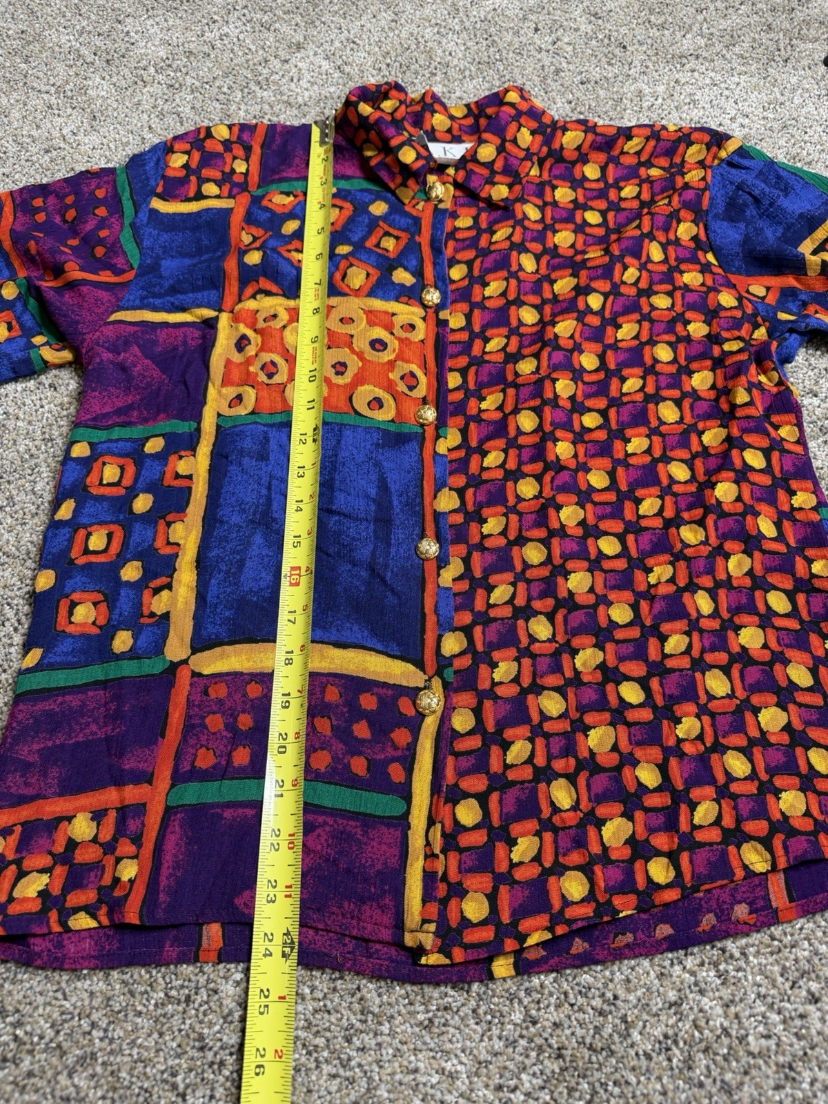 Vintage Button Down Top Funky Colors USA 80s 90s Artsy Hippie Indie Sz Medium