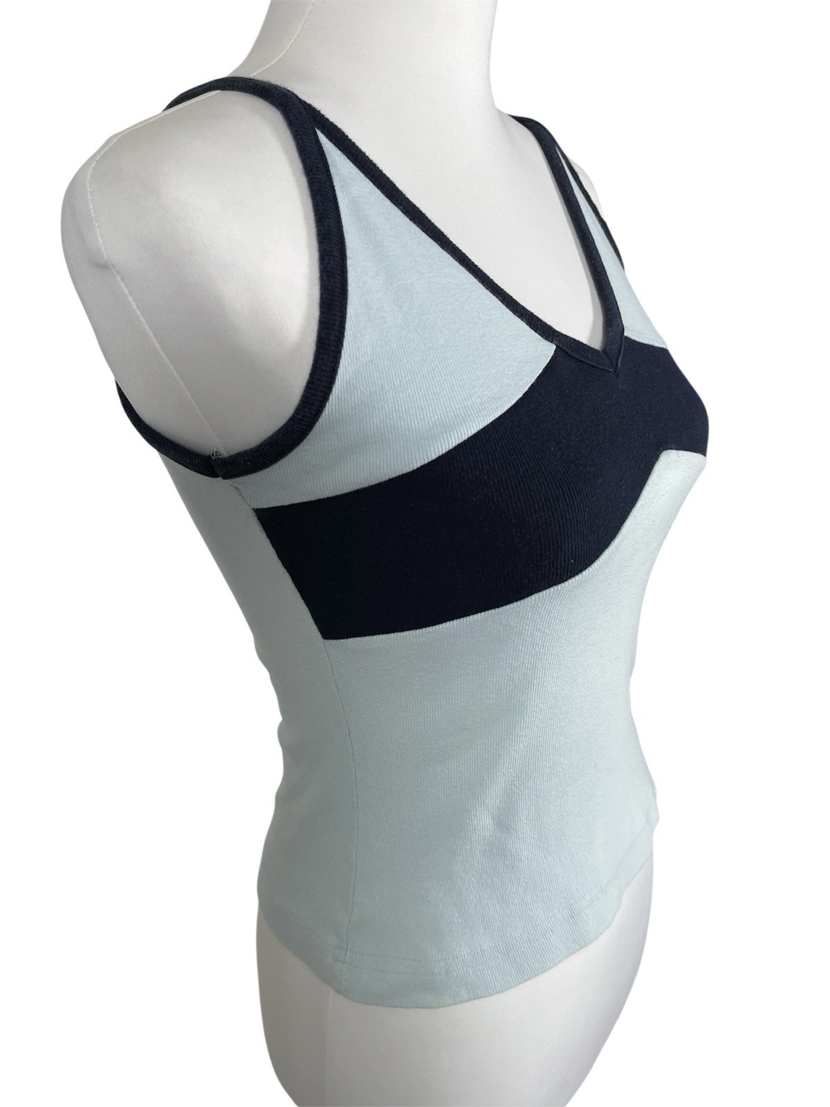 Y2K Blue Asphalt Ribbed Cami Tank Top Light Blue Navy Contrast Stretch Size S