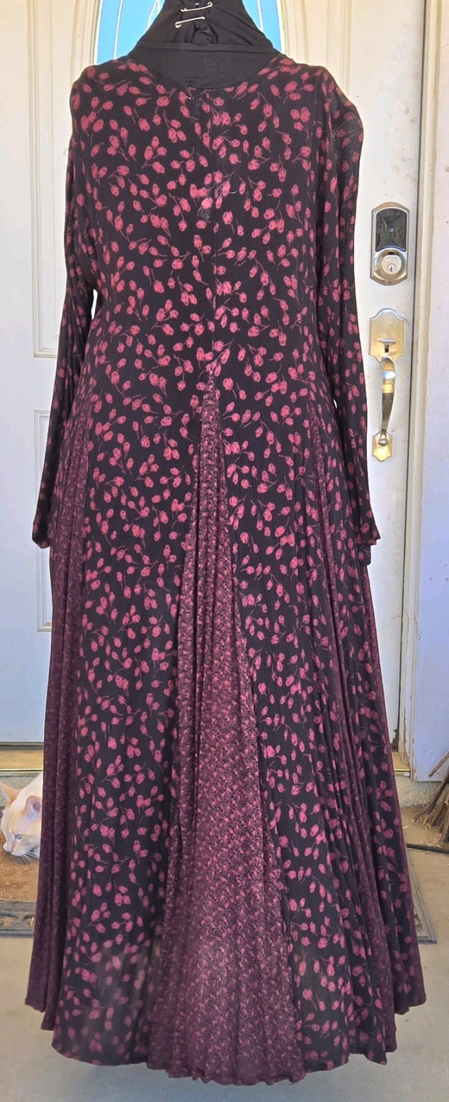 1980s NOSTALGIA Sheer Black & Red Floral Dress W/Full Pleated Sweep Skirt Sz M