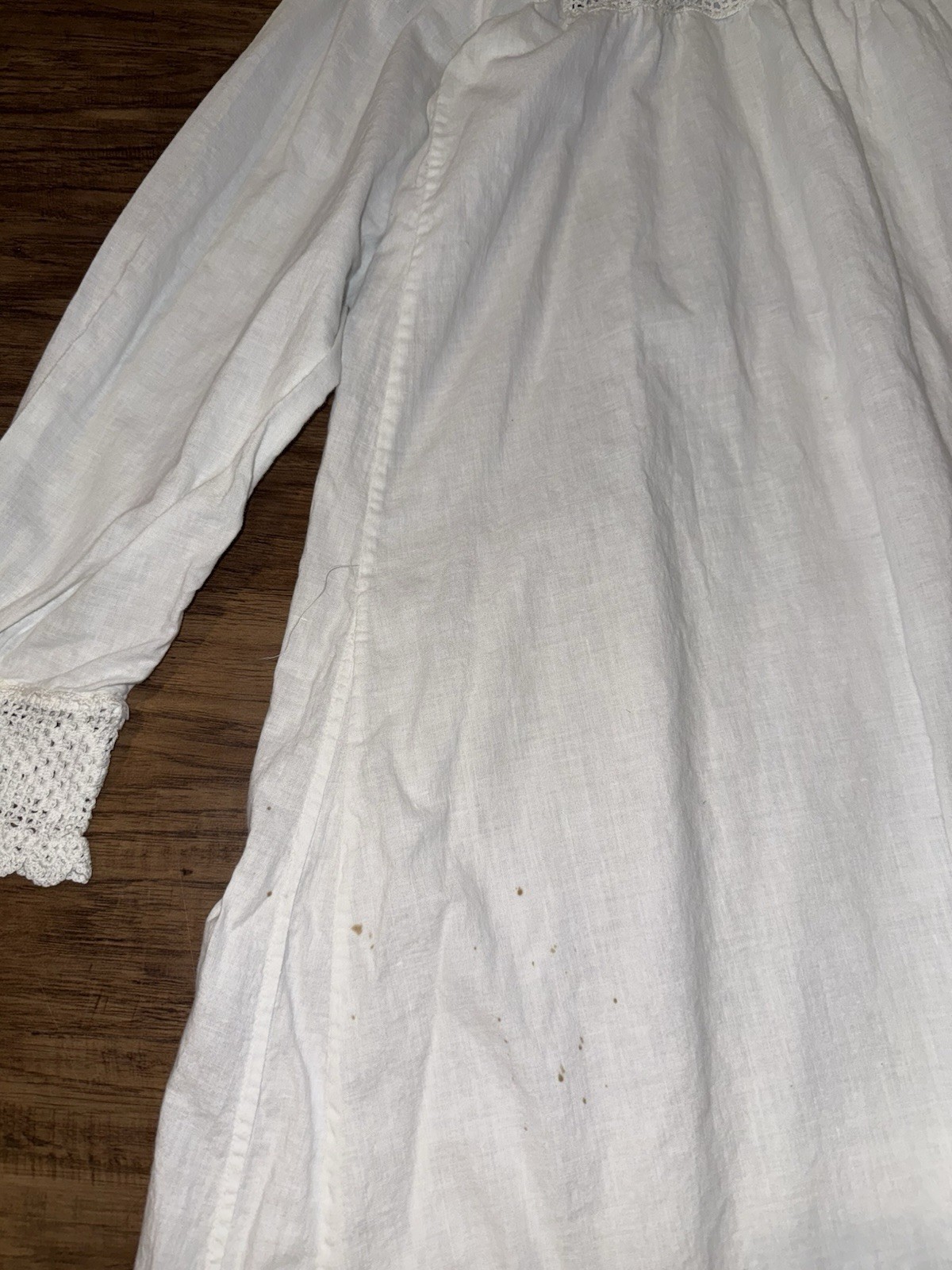 Antique 1900s Edwardian White Cotton Nightgown Hand Crochet Lace Yoke Cuffs