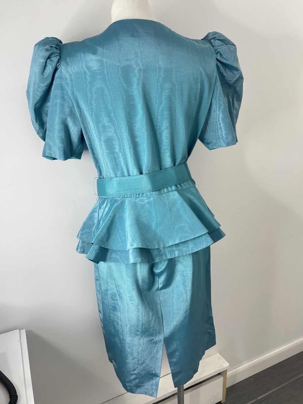Vtg Evenings by Pantagis 80s Dress Blue Moire Rhinestone Bow Peplum Top Skirt