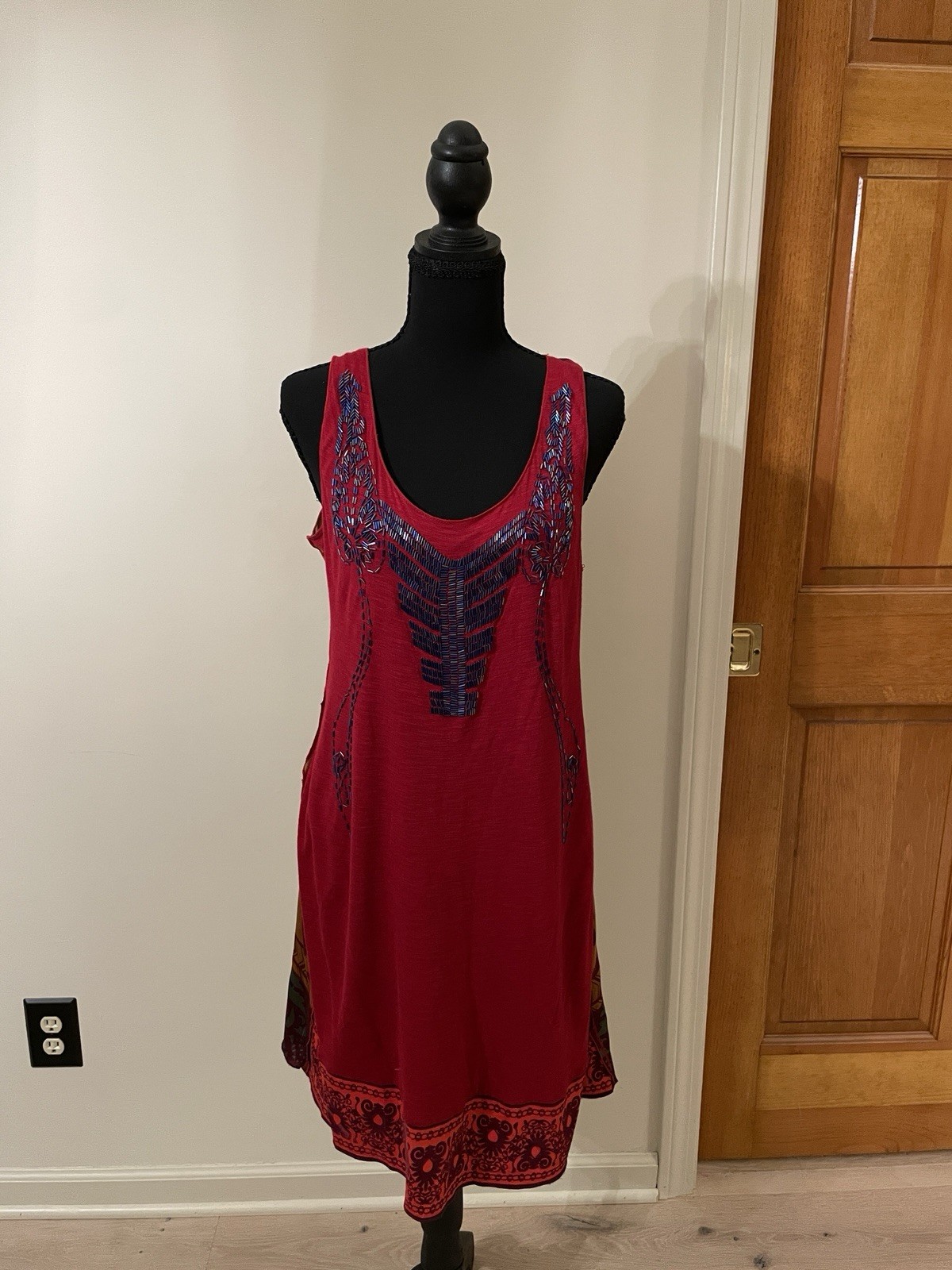 Vintage Beaded Dress Silk Blend Red Mixed Media Rare Deadstock Boho Beads, L