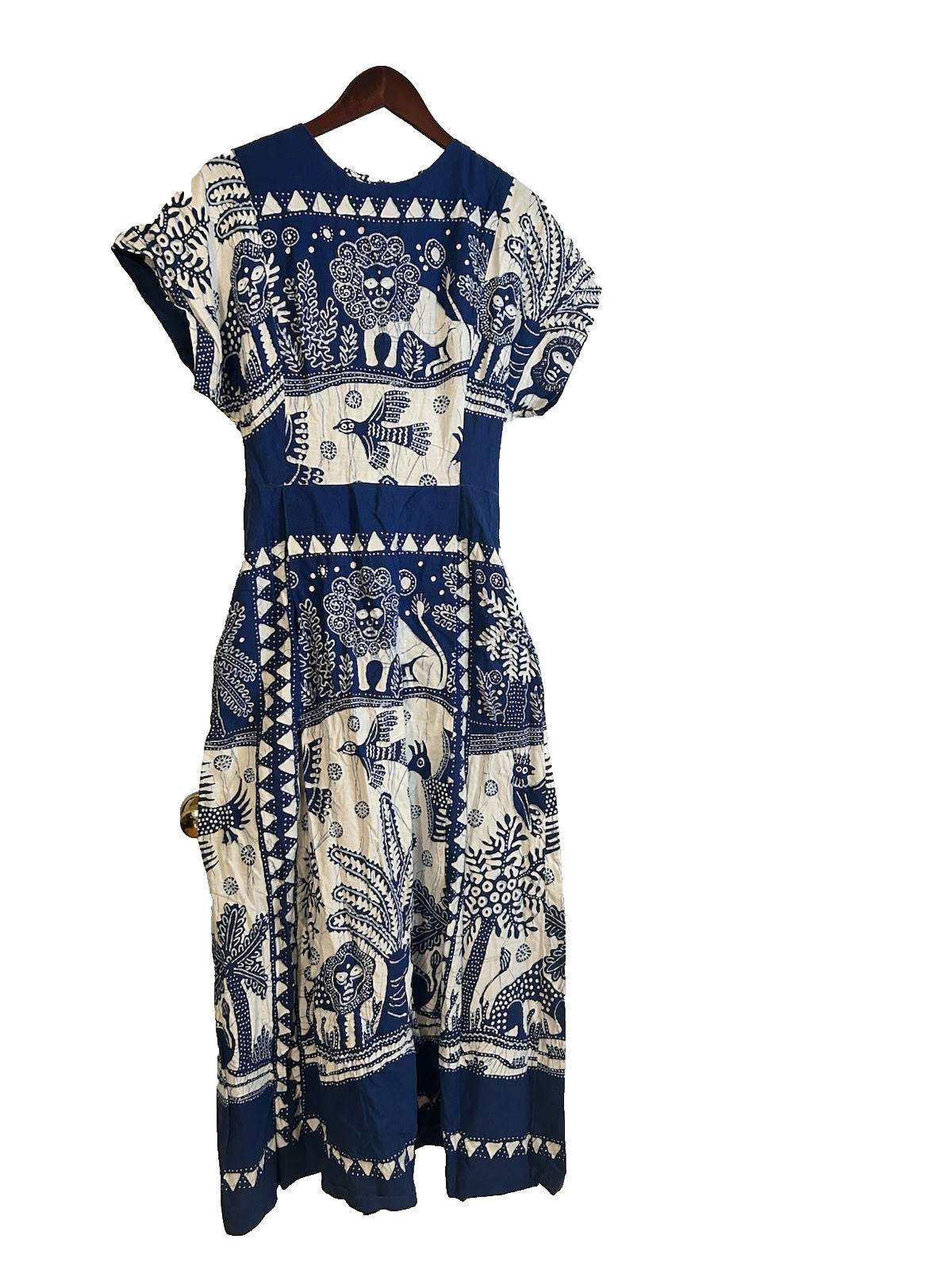 VTG 70s At Home Wear Van Raalte Safari Novelty Maxi Dress Size 14 Blue White USA
