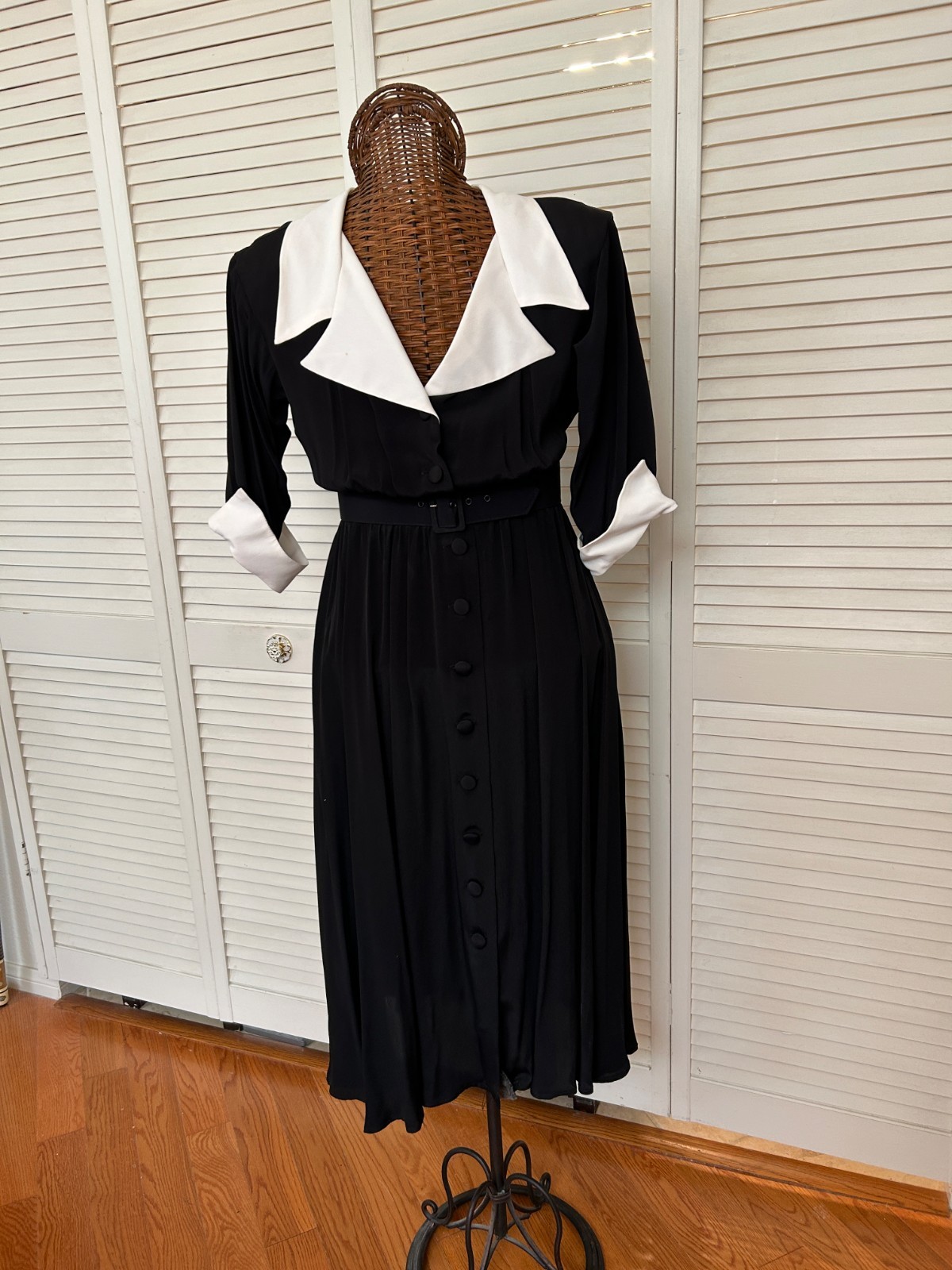 Vintage Cassidy Size 8 Black White Belted Midi Dress 80s Secretary 40s Style