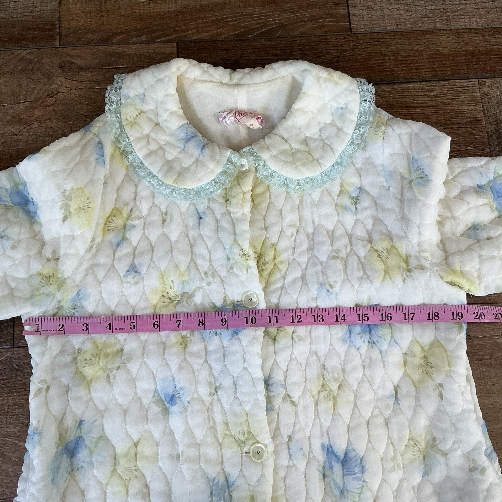 60s VINTAGE Paulette Chicago Quilted Floral Robe Duster Size 12 Blue Yellow 20D6