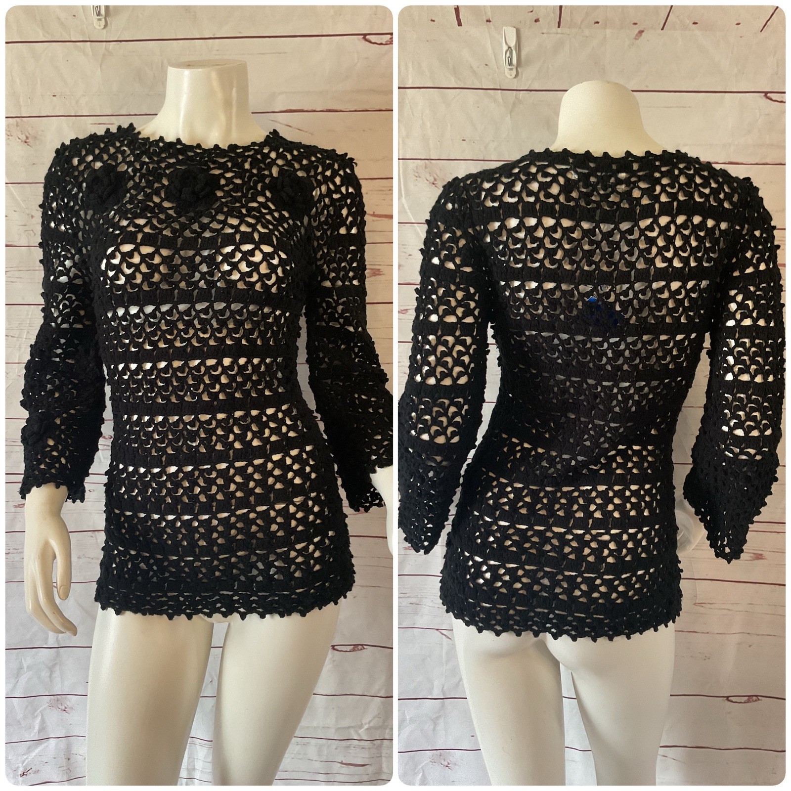 1970s True Vintage Leroy Califorina Black Hippie Crochet Top Bell Sleeve S