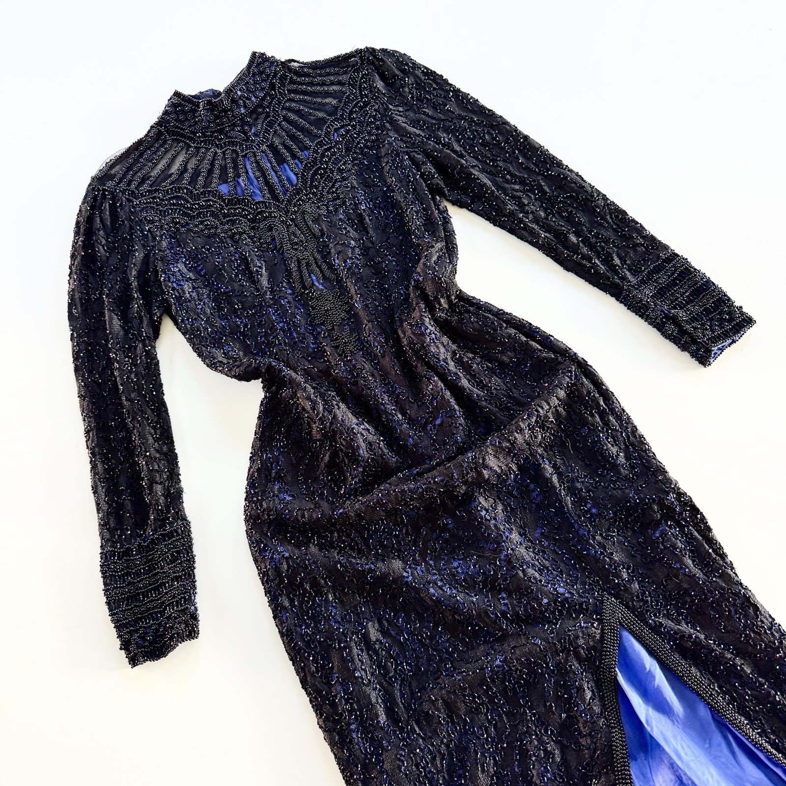Vintage Handmade Regal Black Beaded Evening Gown With Front Slit Size Small