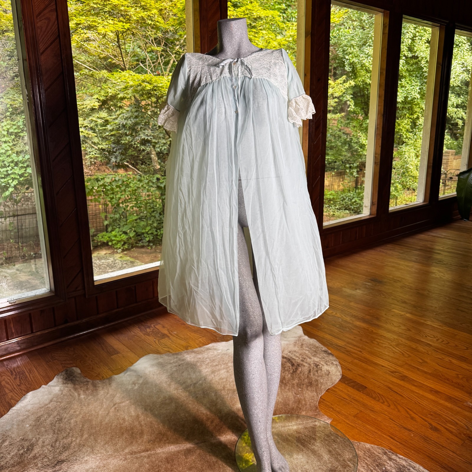 Vintage 60s 70s Evette Chiffon Babydoll Nightgown Peignoir Lace Sheer Size Large