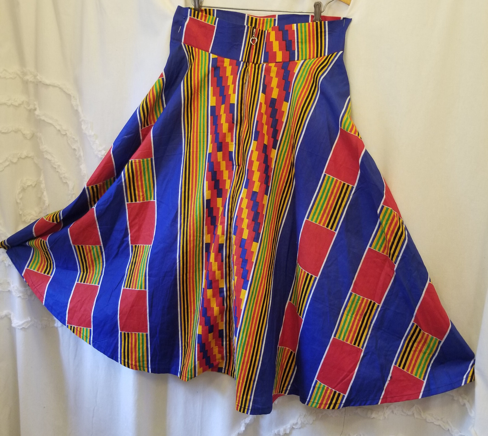 Vintage 1980s Rainbow Stripe Op Art Zip Up Swing Full Sweep Skirt M/34