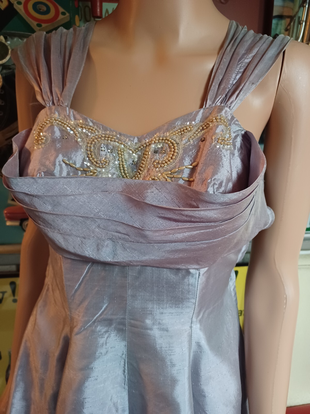 True VTG Mid-century 1940s 1950s Iridescent Satin Cocktail Prom Dress Art Deco S