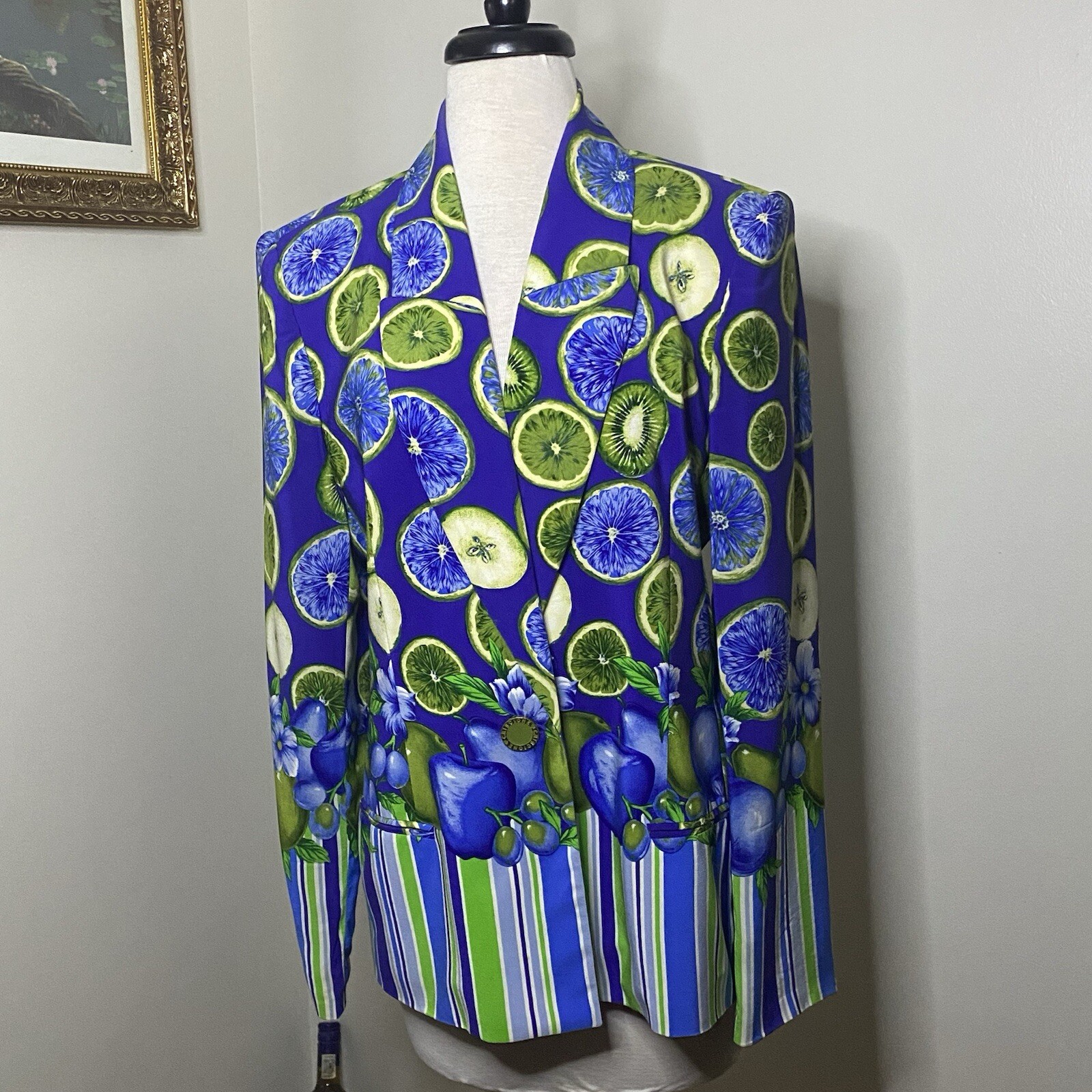 Gorgeous Vintage Silk one button fruit blazer in blues and greens. CRISCIONE NY