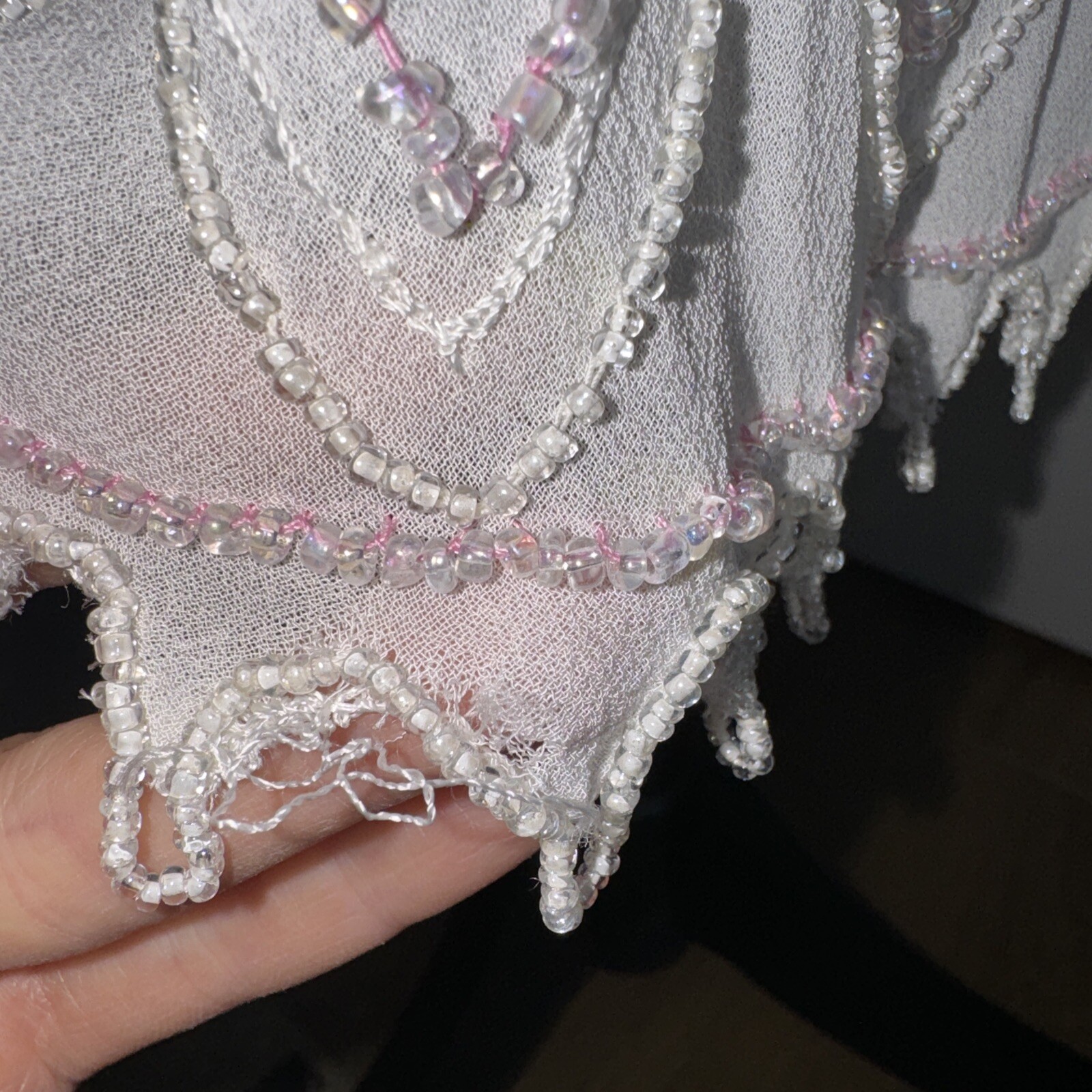 Vintage White Papillon Dress Beaded Fairycore Pink Flapper Rayon Wedding Y2K Sm