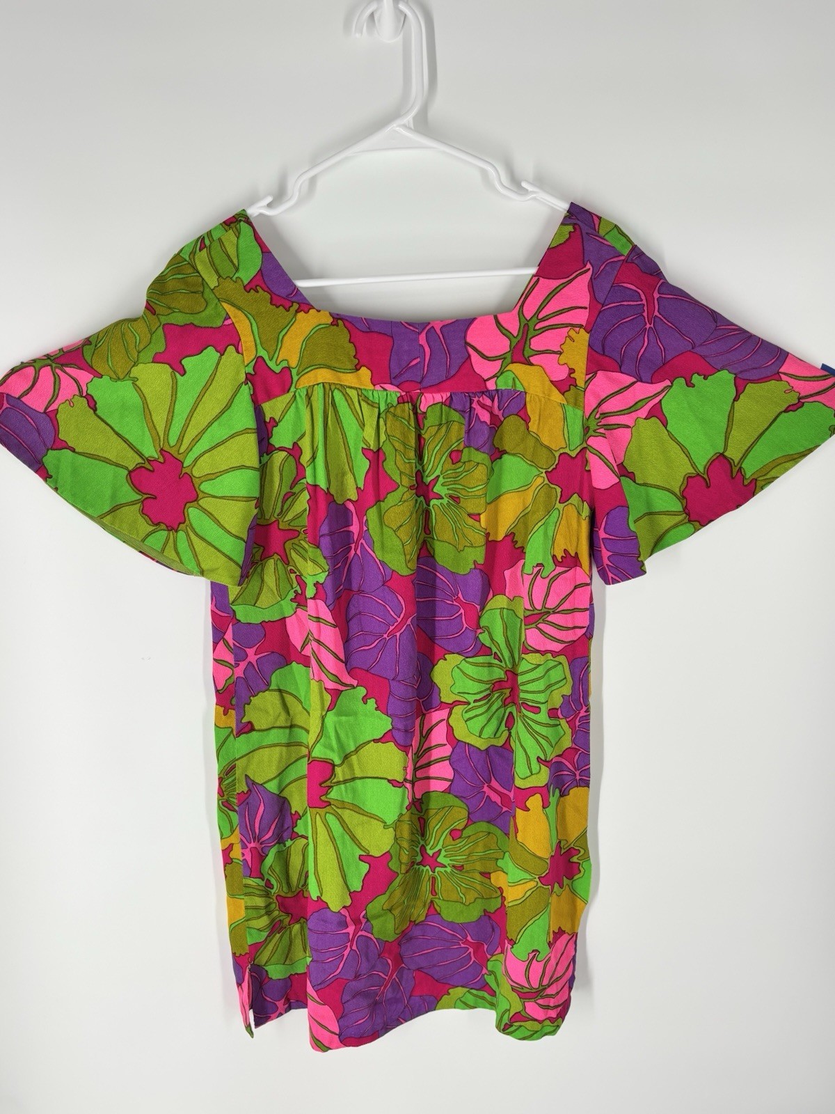 Vtg 60’s Handmade Mod Shift Dress Psychedelic Floral Flutter Sleeve Resort House