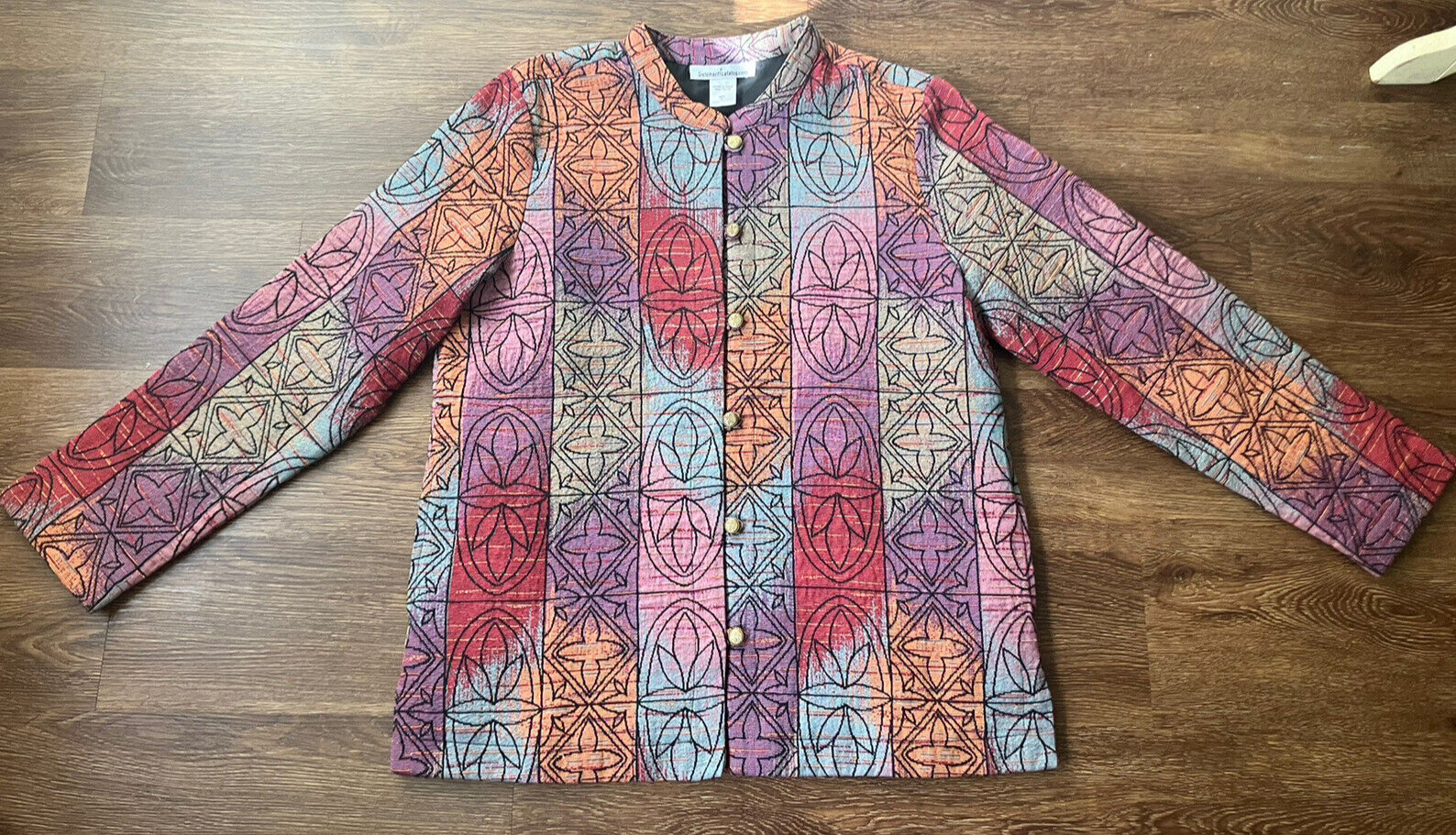 Vintage Serengeti Tapestry Jacket Quilted Colorful Abstract Mandarin Collar L