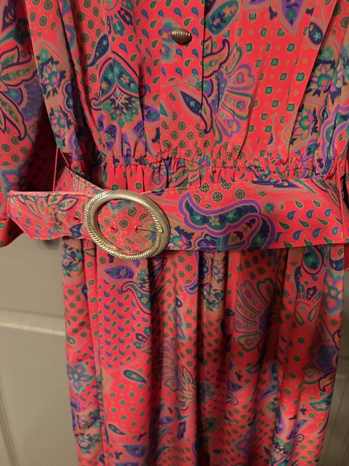 Lady Carole of New York Dress Suit Red Paisley Belted Vintage Purple Green