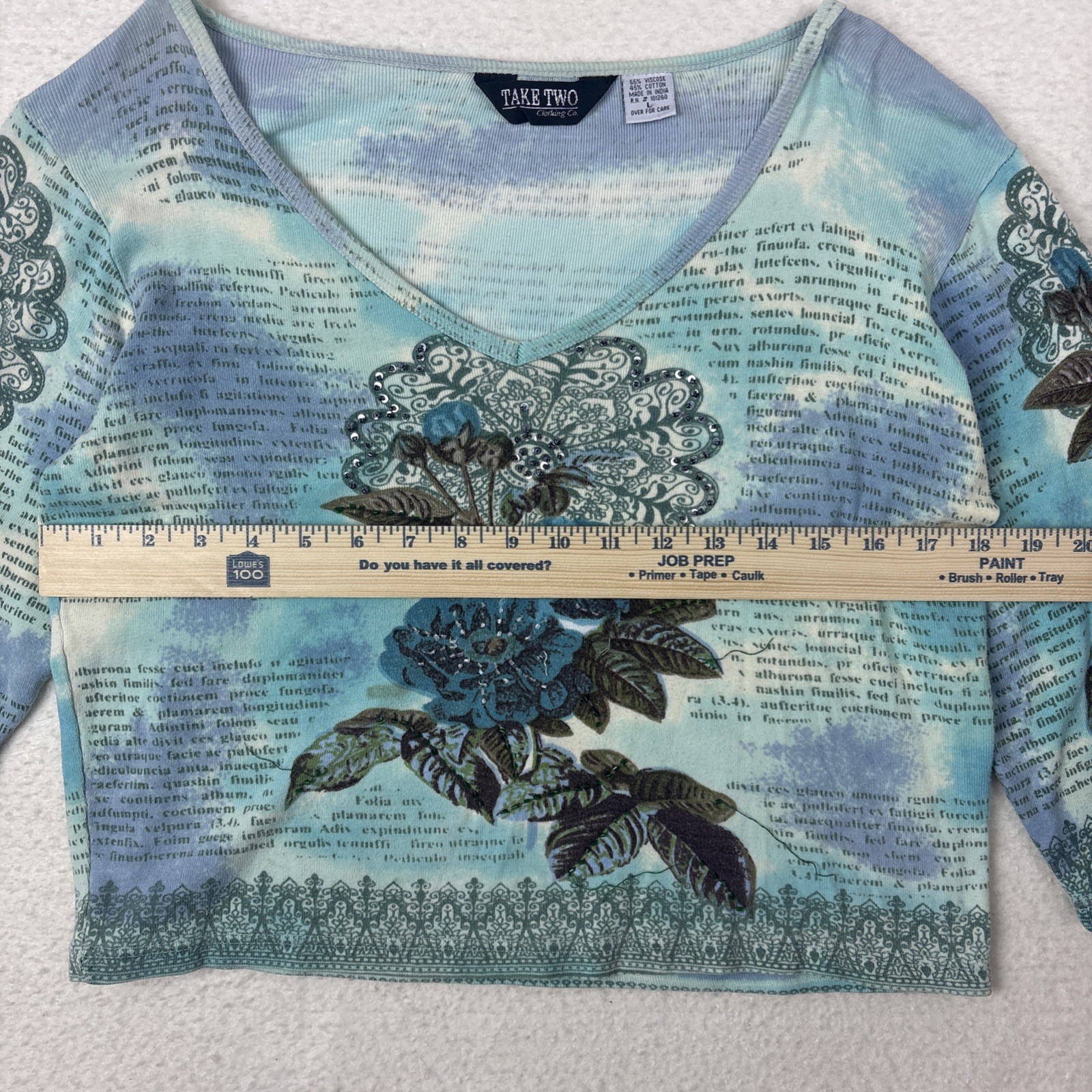 Vintage 90s Take Two Floral Beaded Tie Dye Fairy Womens L Top Blue Abstract