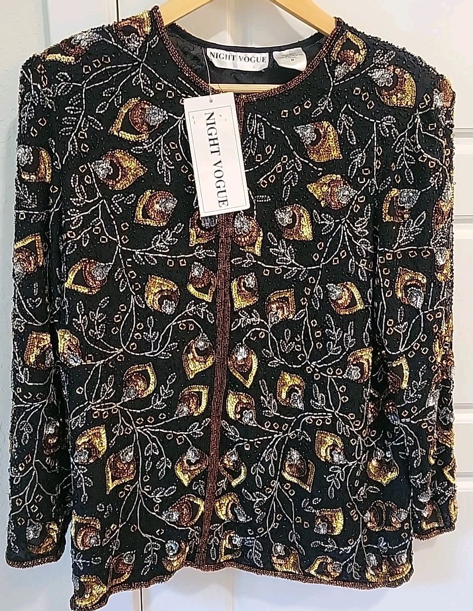 NWT NIGHT VOGUE Vintage gold Sequin & Beaded Jacket Glam Disco 80s 90s M Silk