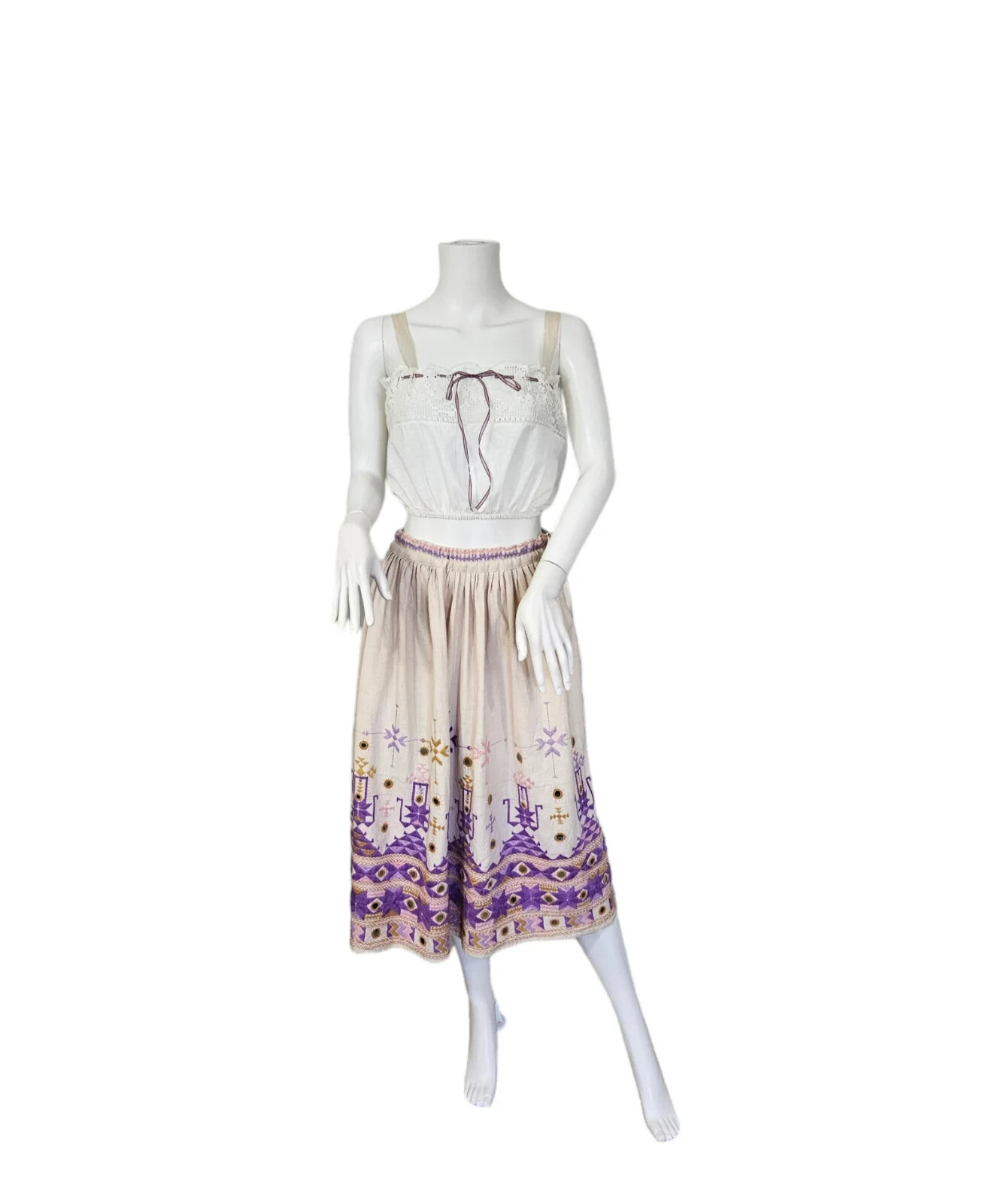 Vintage1970’s Taraliya Homespun Ivory Cotton Lavender Embroidered Mirrored Skirt