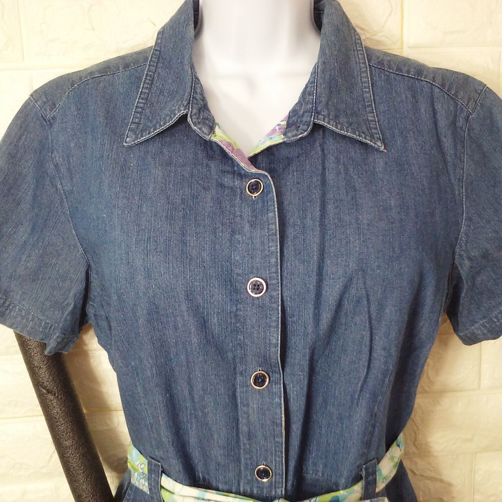 Vintage 90s Erika Denim Button-Front Shirt Dress XL(16) Pockets SSL Floral Belt