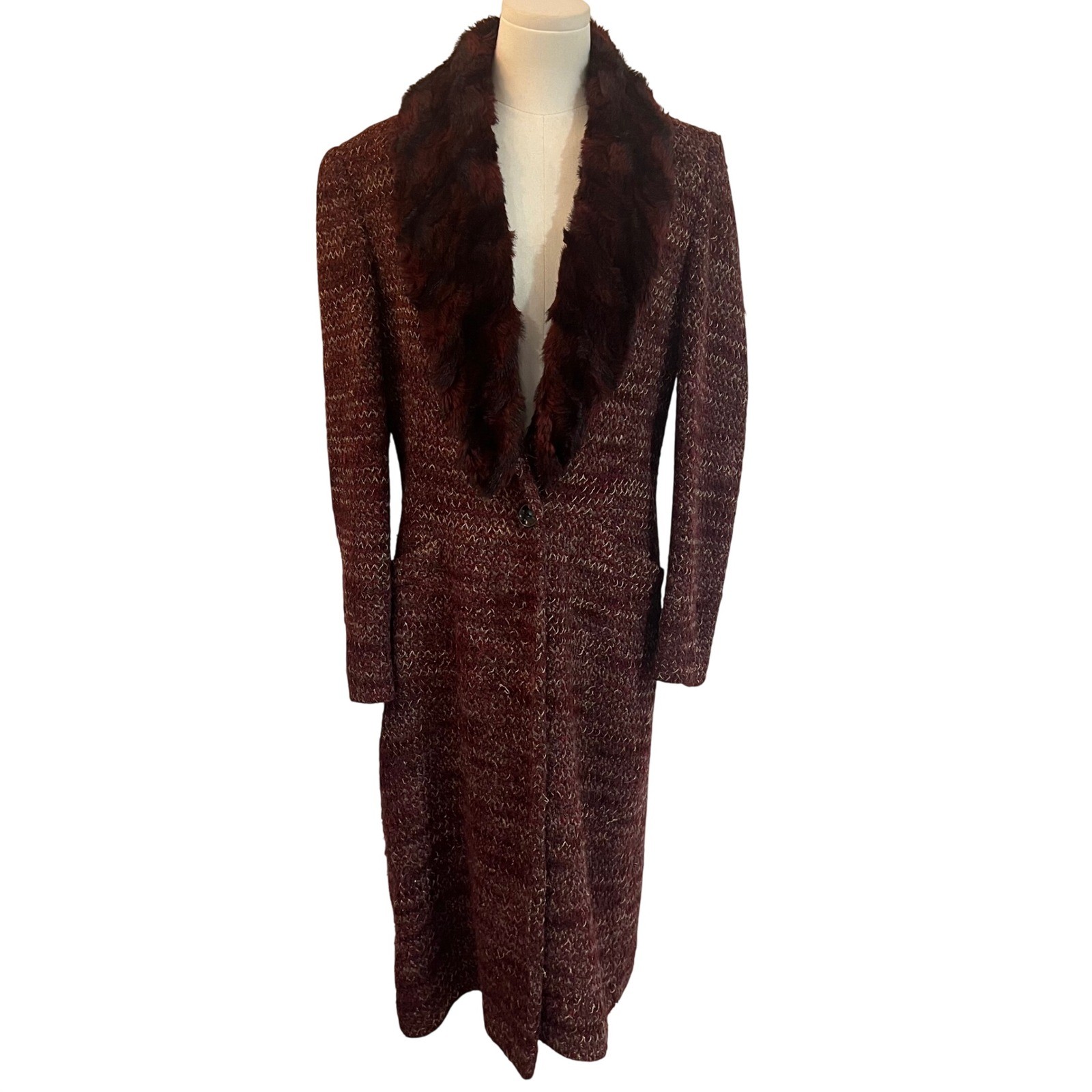 Rare 90s Sui by Anna Sui Italy Faux Fur Collar Long Tweed Coat Whimsigoth IT 44