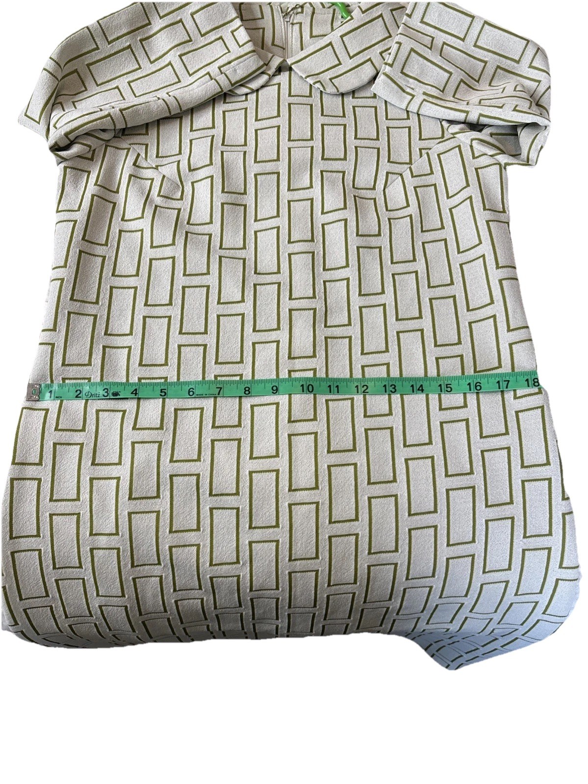 Vintage Structured Shift Dress, 3/4 Sleeve, Mod Print Cream And Green Size Small