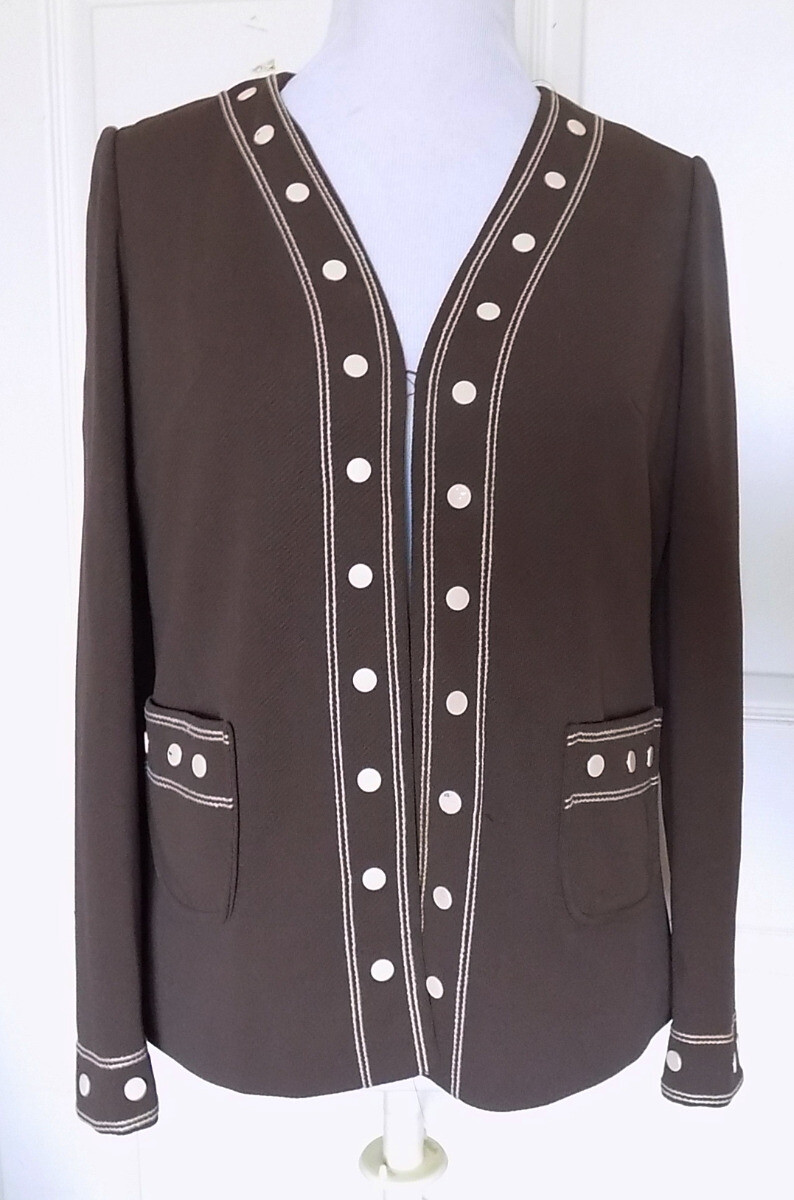 Vintage Brown Polyester Knit Jacket White Trim Judy Wayne B36