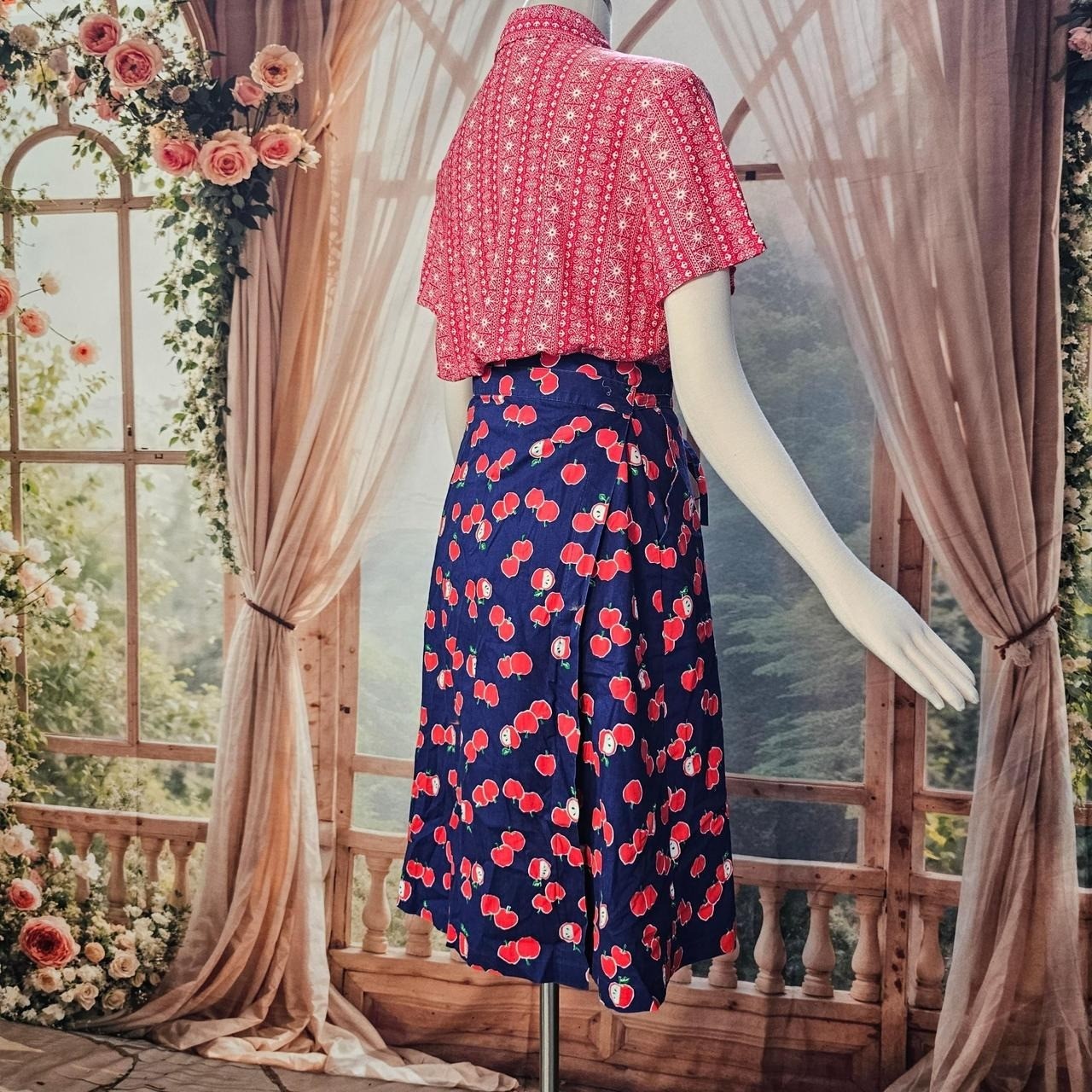 Vintage 1970s Wrap Skirt Navy Blue Red Apple Print Tie Closure Magic Union Label