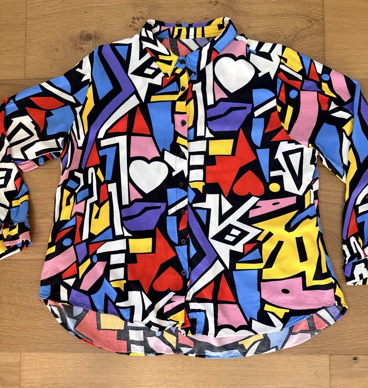 80s Pop Art VTG Button Down Shirt Wm L (*est*) Geometric Heart Print Long Sleeve