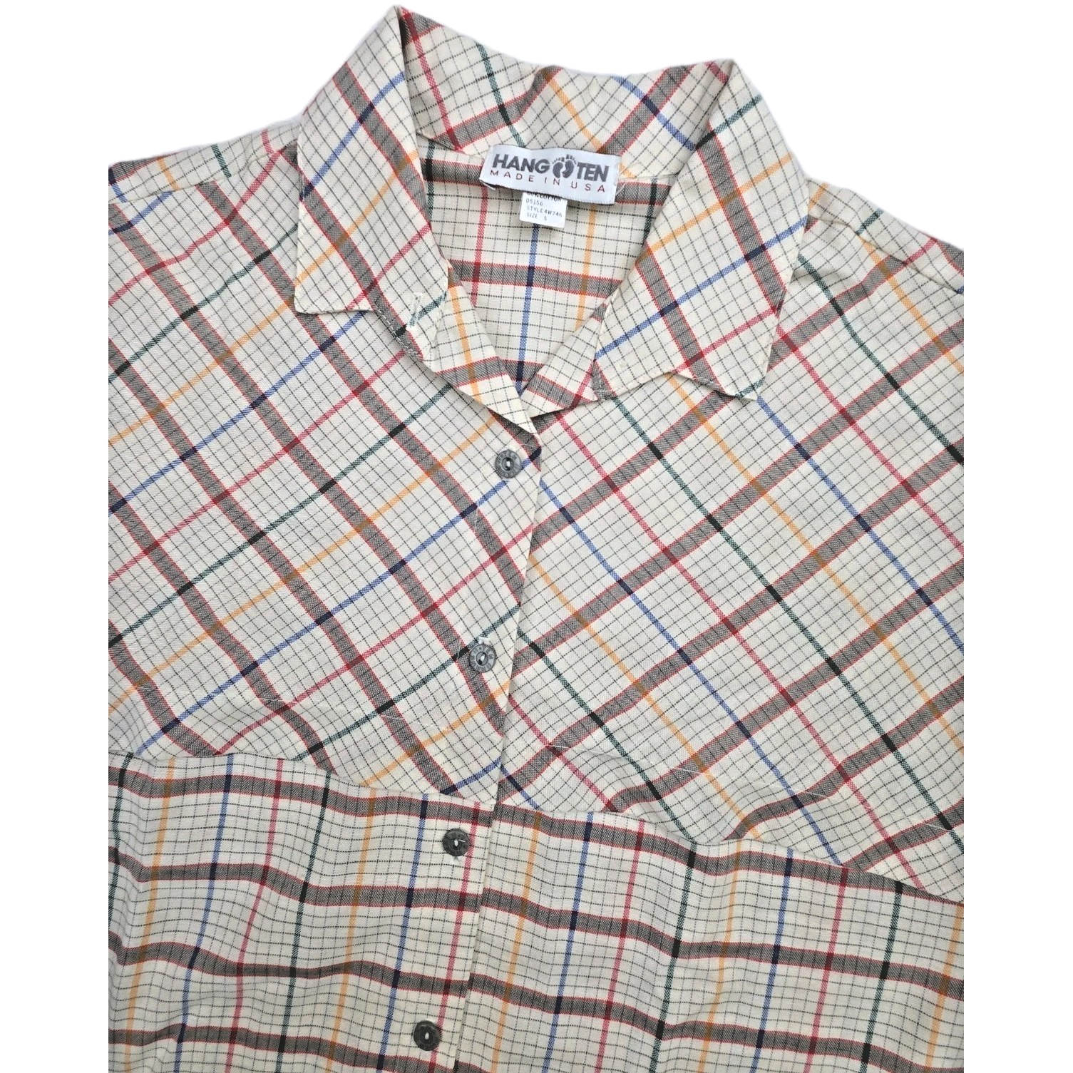 Vintage HANG TEN 1970s 80s Plaid Surf Skate Yoked Long Sleeve Logo Feet Size S