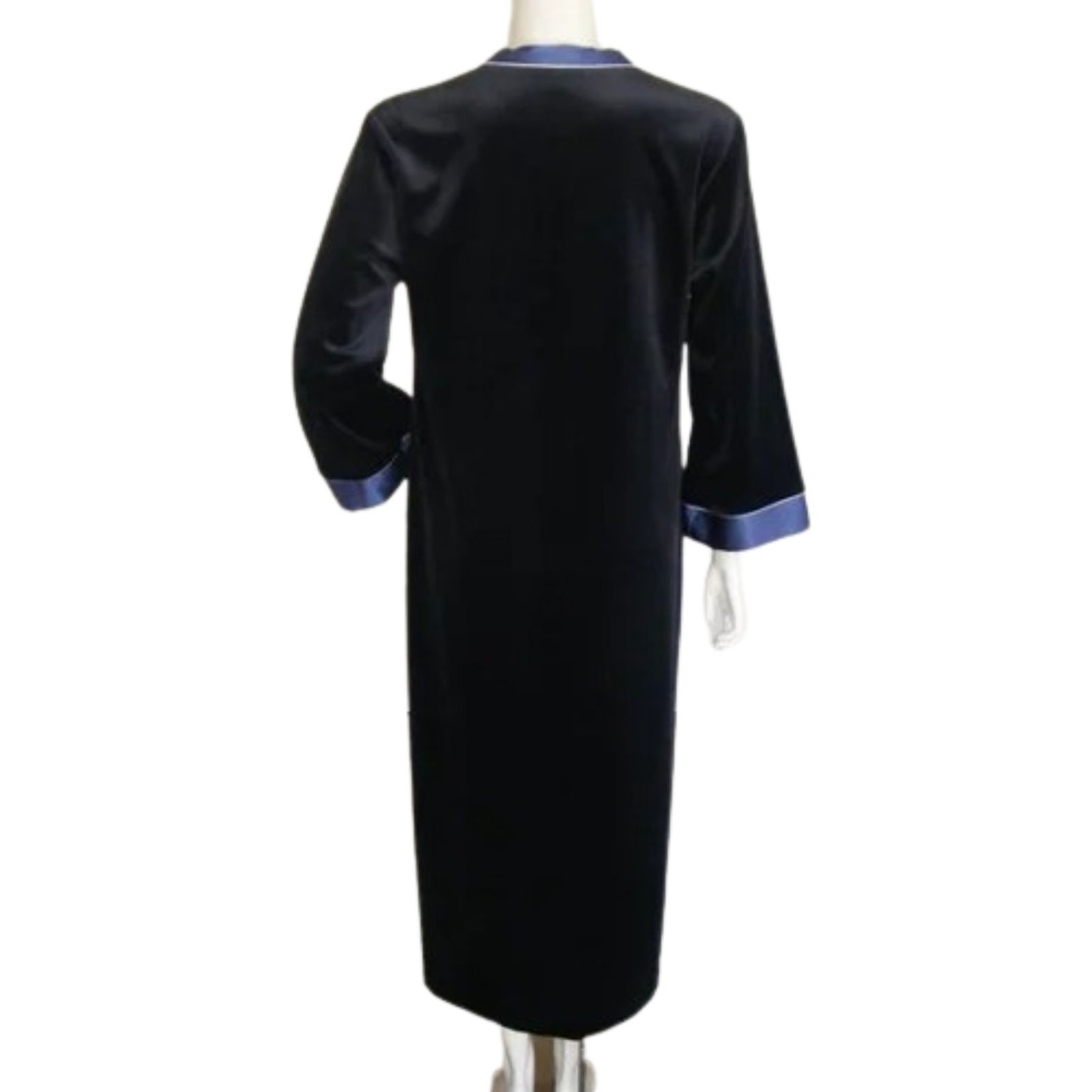 HALSTON Robe, M, Dark Blue, Velour/Satin, Vintage, Long sleeve, button front,