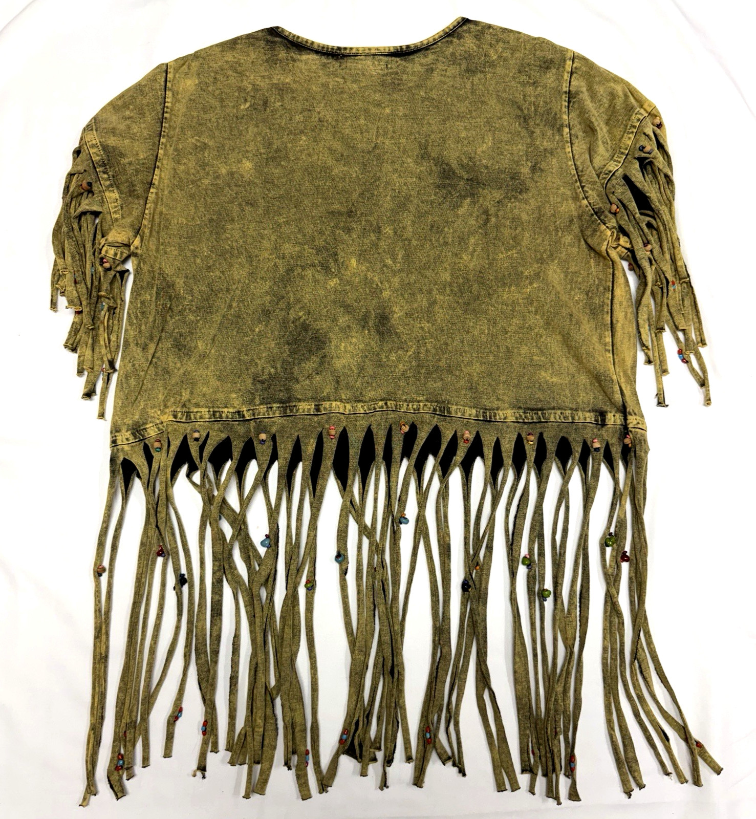 Archive Vtg 90s Nalanda Japan Acid Wash Fringe Beaded Top Native Western M L